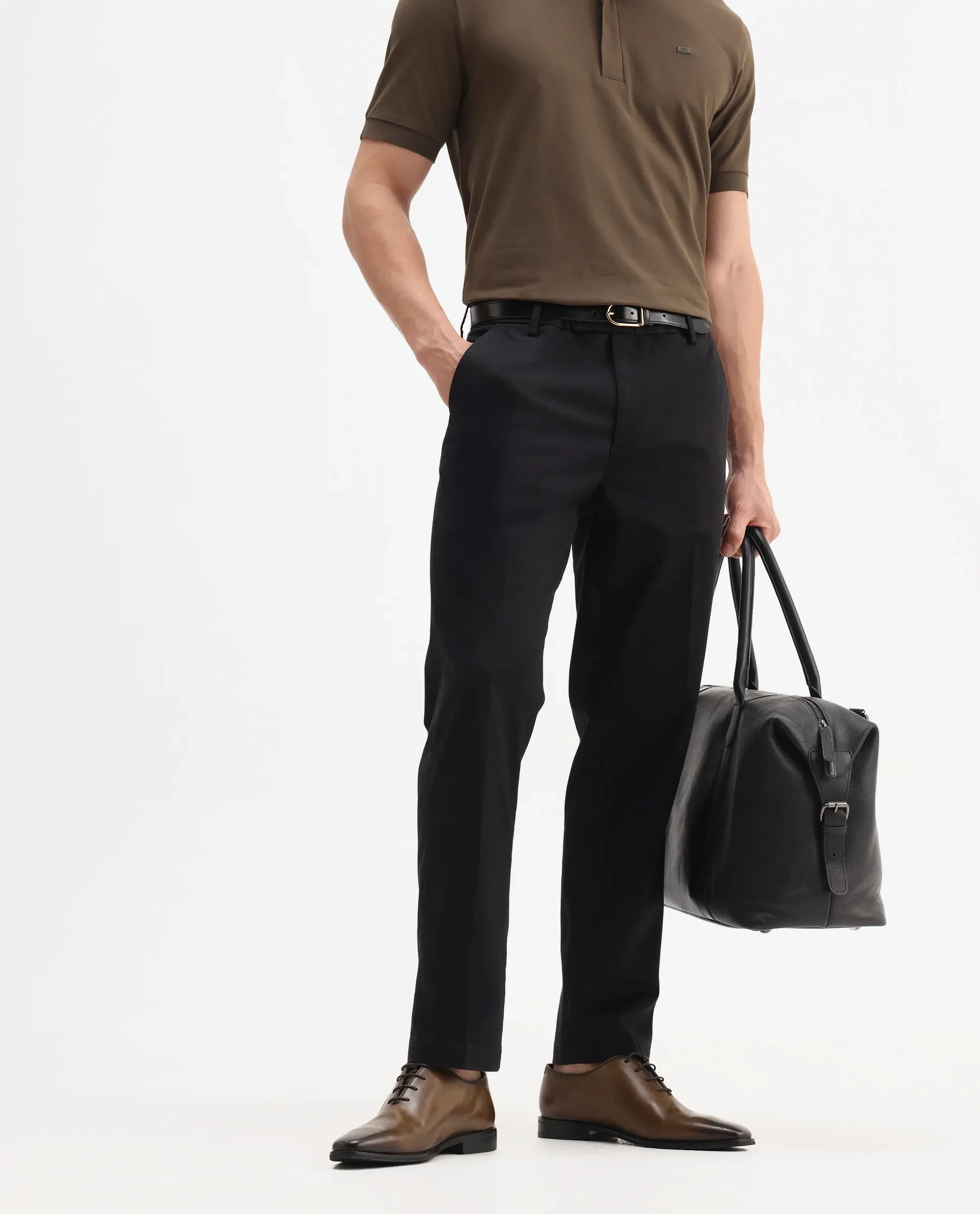 Rare Rabbit Men's Smart Black Cotton Blend Plain Regular Fit Trouser - Image 2