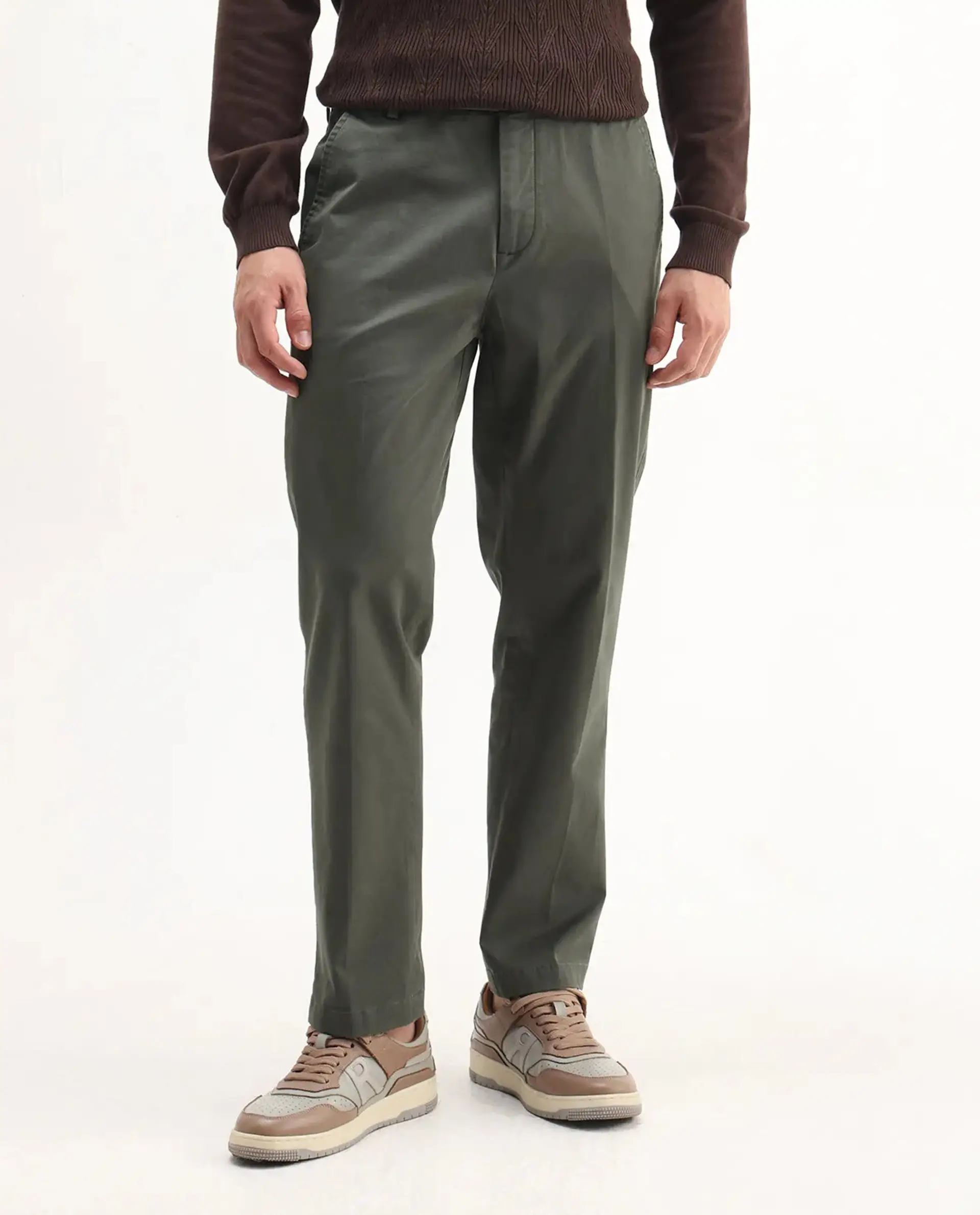 Rare Rabbit Men's Smart Dusky Green Cotton Blend Plain Regular Fit Trouser - Image 10