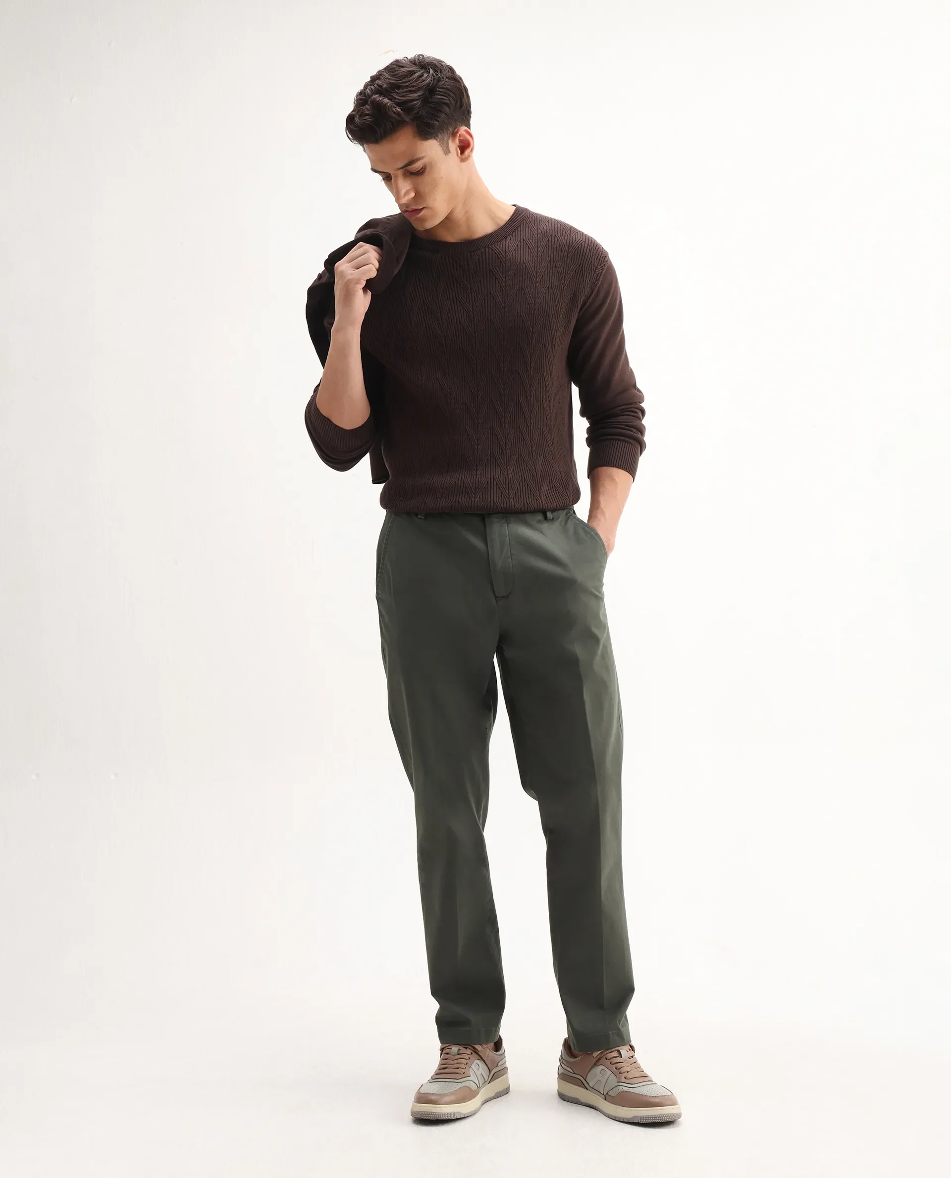 Rare Rabbit Men's Smart Dusky Green Cotton Blend Plain Regular Fit Trouser - Image 2