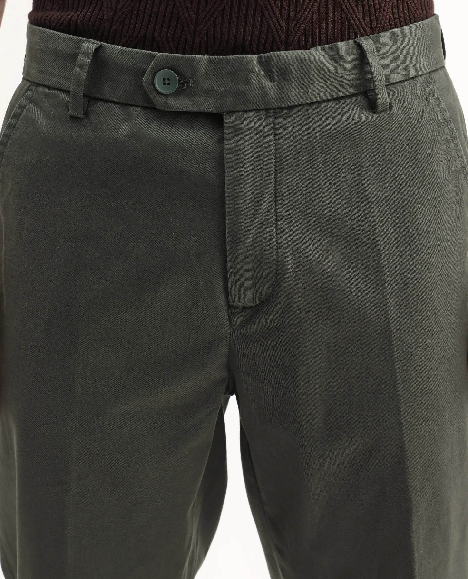 Rare Rabbit Men's Smart Dusky Green Cotton Blend Plain Regular Fit Trouser - Image 3