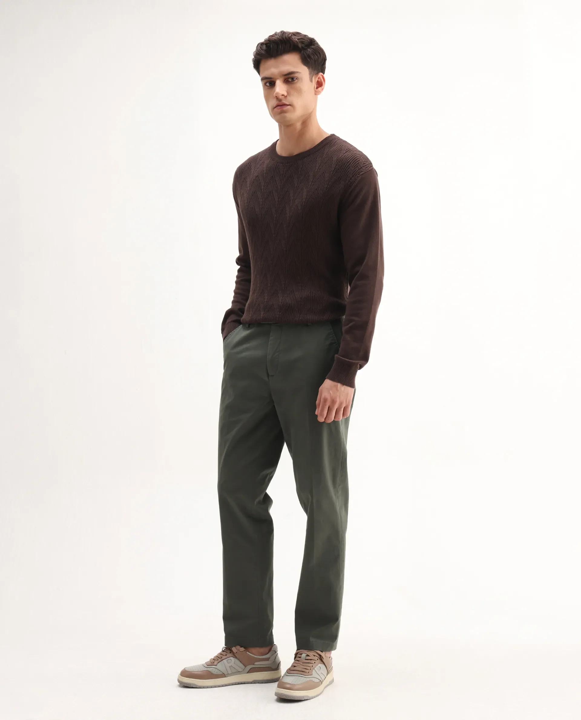 Rare Rabbit Men's Smart Dusky Green Cotton Blend Plain Regular Fit Trouser - Image 4