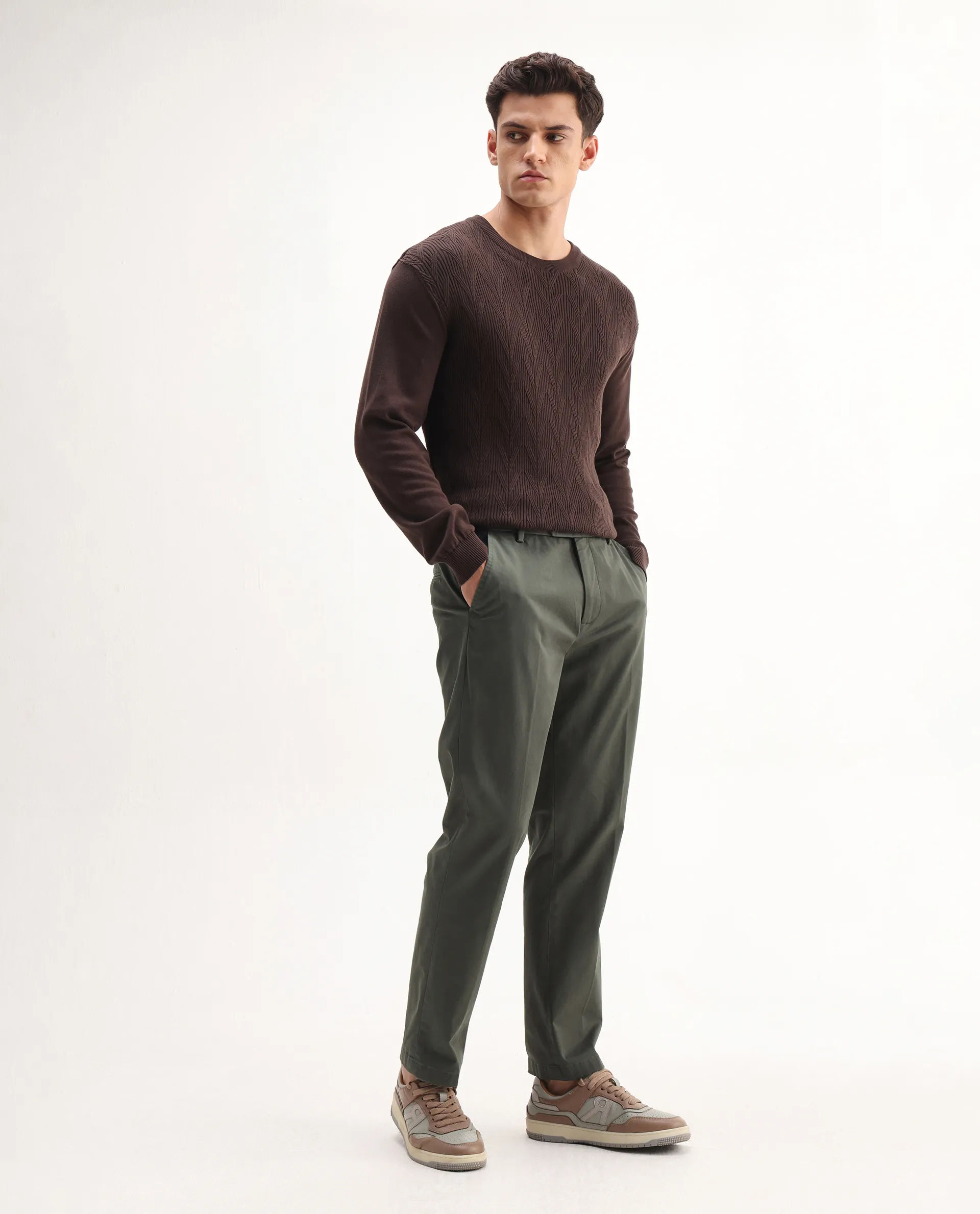 Rare Rabbit Men's Smart Dusky Green Cotton Blend Plain Regular Fit Trouser - Image 6