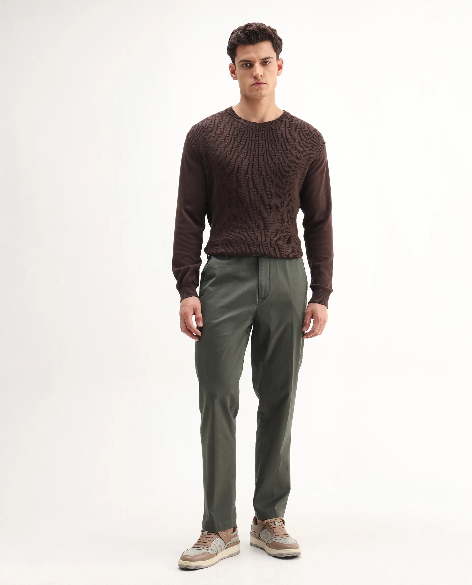 Rare Rabbit Men's Smart Dusky Green Cotton Blend Plain Regular Fit Trouser - Image 8