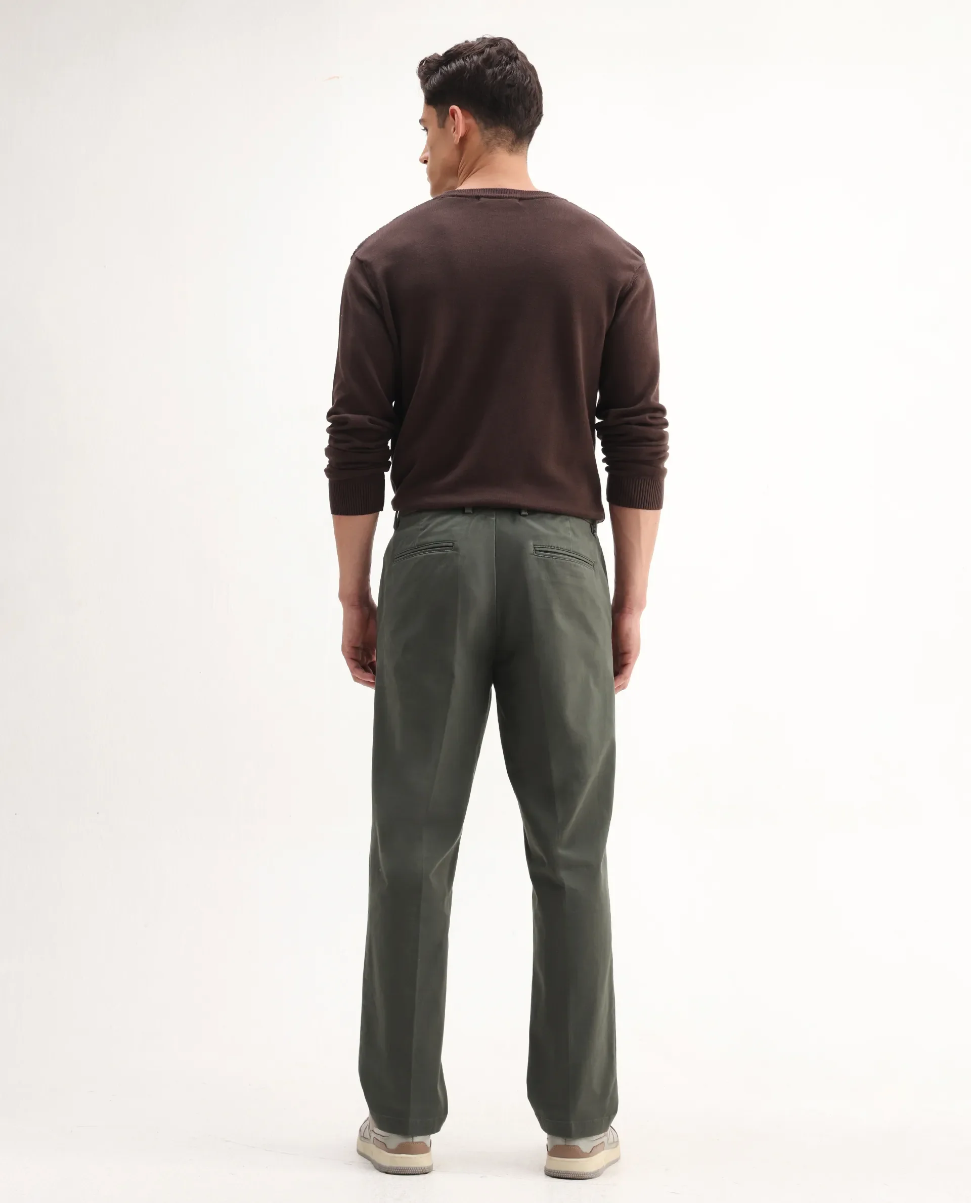 Rare Rabbit Men's Smart Dusky Green Cotton Blend Plain Regular Fit Trouser - Image 9
