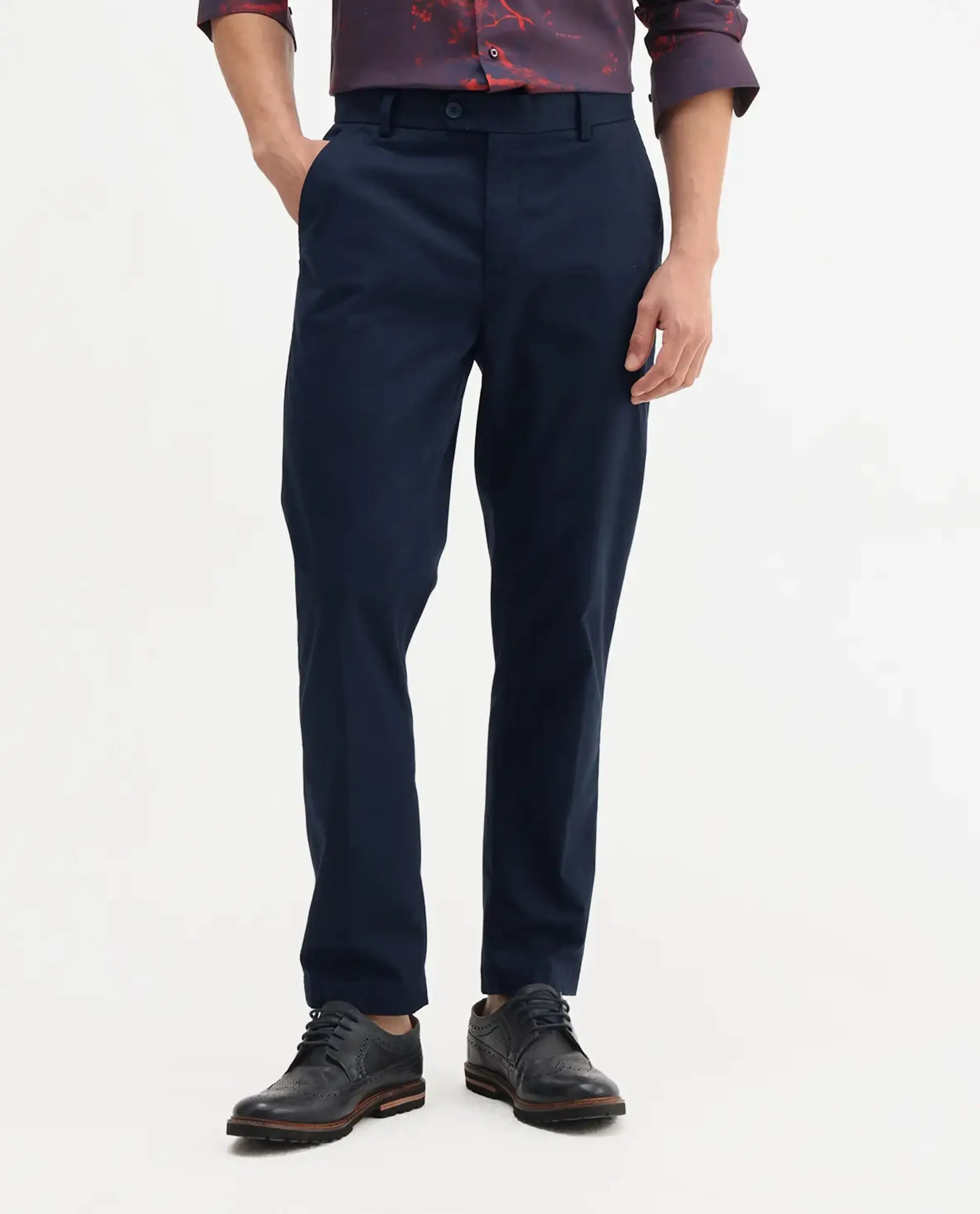 Rare Rabbit Men's Smart Navy Cotton Blend Plain Regular Fit Trouser - Image 10