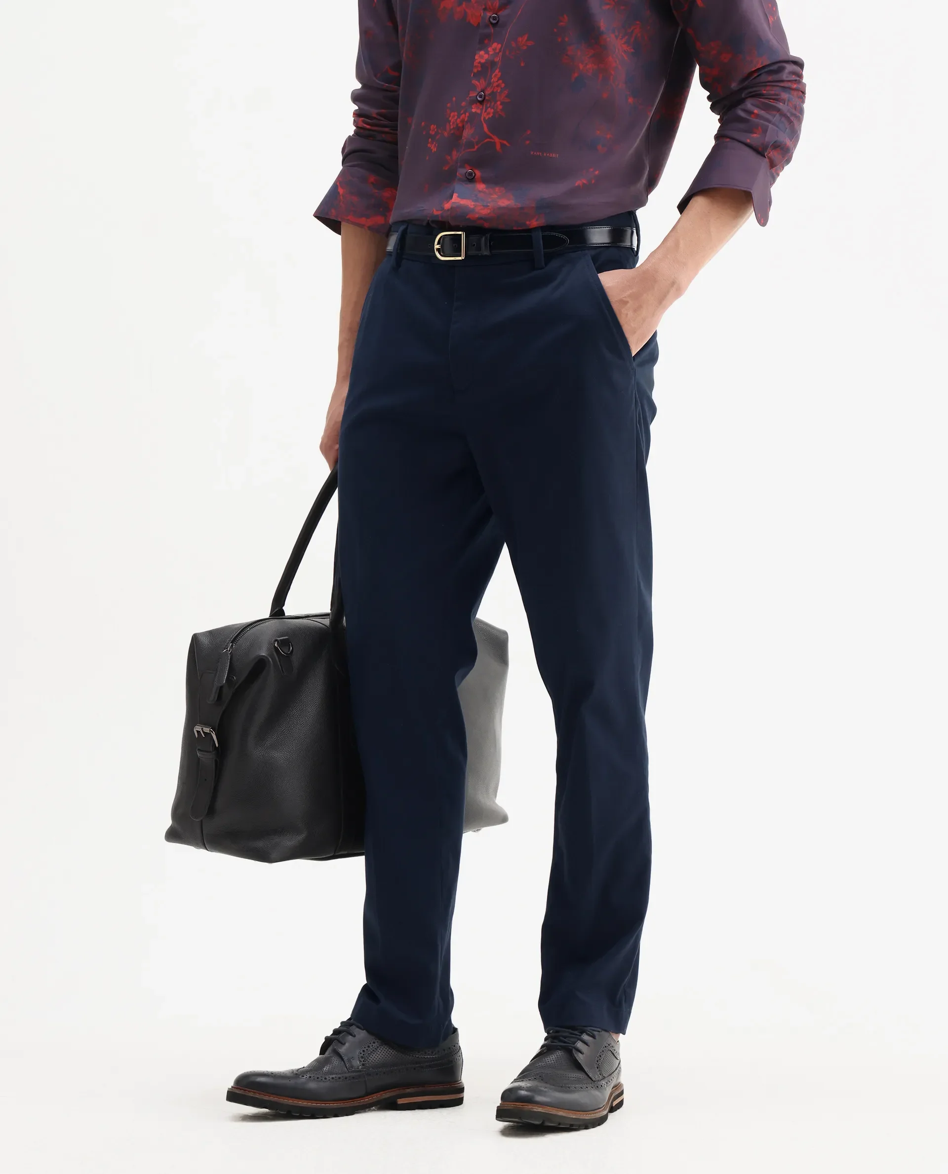 Rare Rabbit Men's Smart Navy Cotton Blend Plain Regular Fit Trouser - Image 2