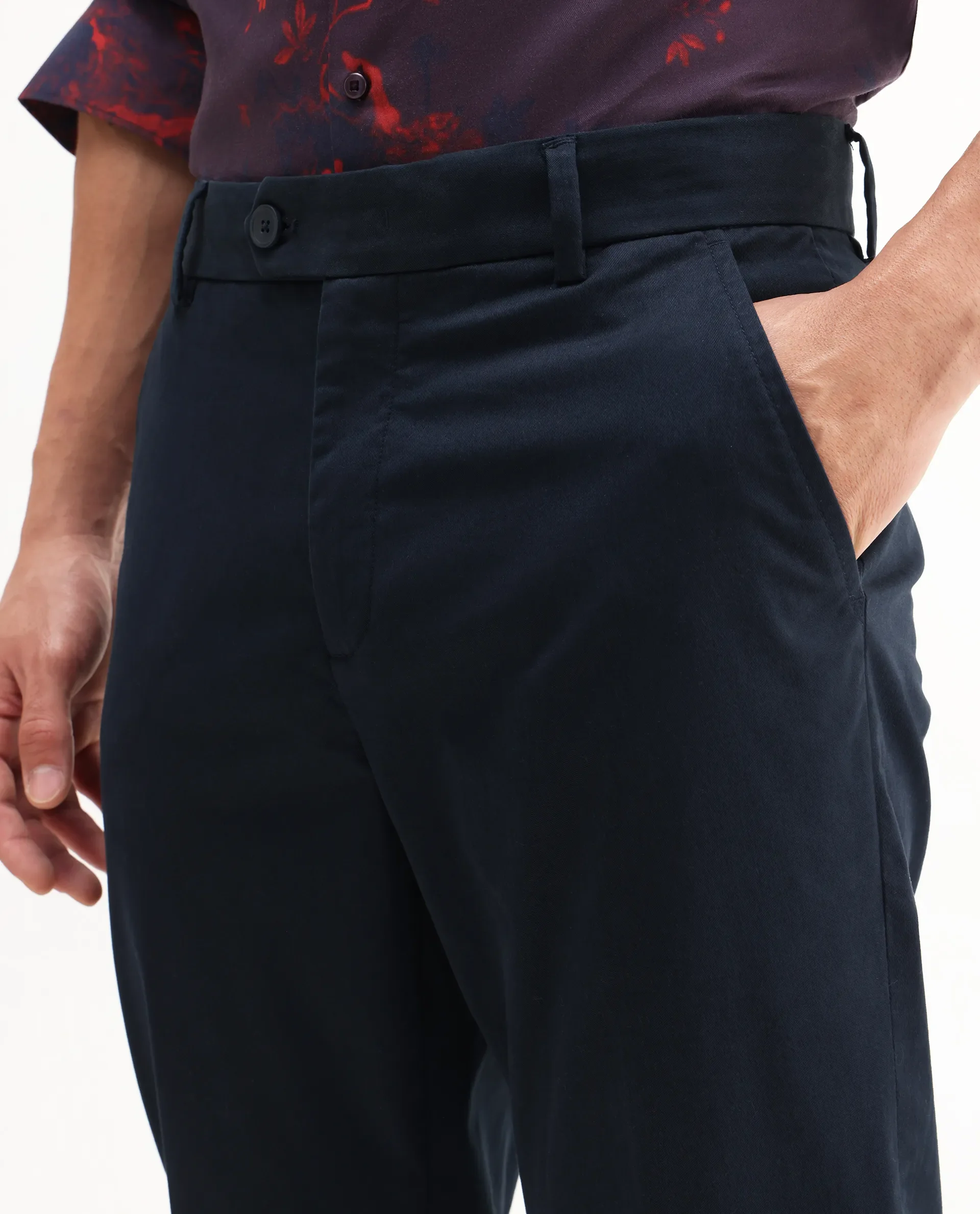 Rare Rabbit Men's Smart Navy Cotton Blend Plain Regular Fit Trouser - Image 3