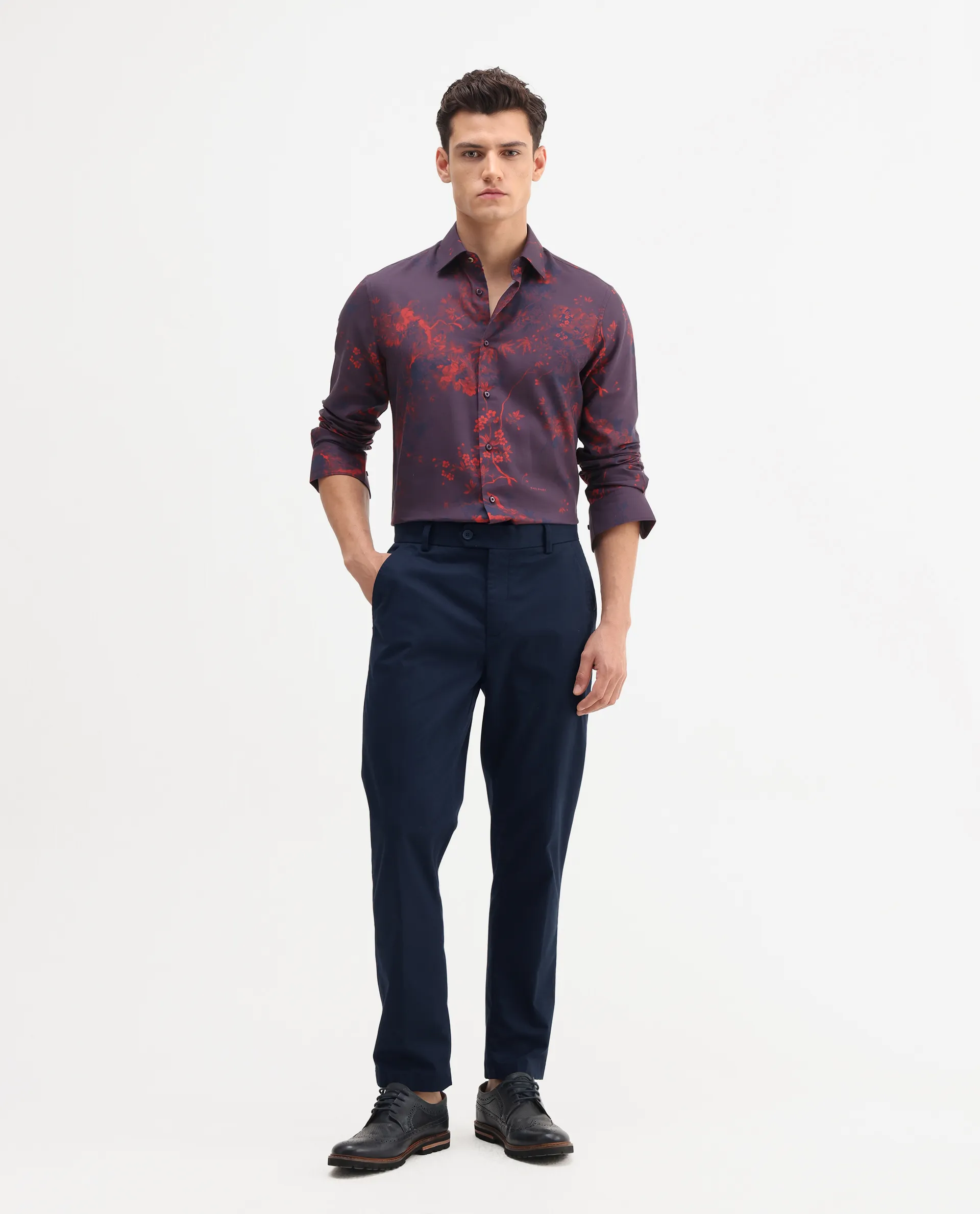 Rare Rabbit Men's Smart Navy Cotton Blend Plain Regular Fit Trouser - Image 4