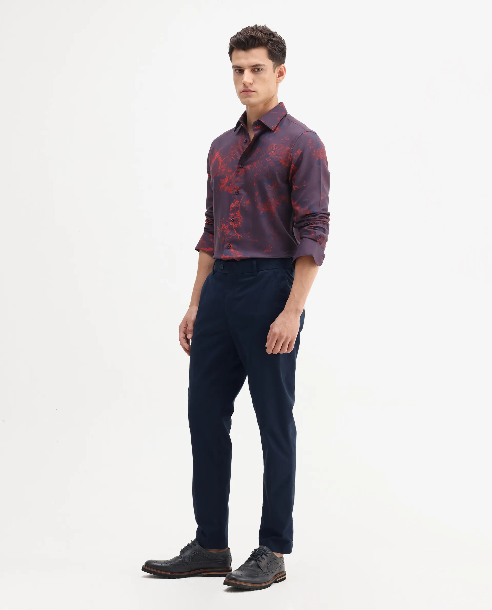 Rare Rabbit Men's Smart Navy Cotton Blend Plain Regular Fit Trouser - Image 5