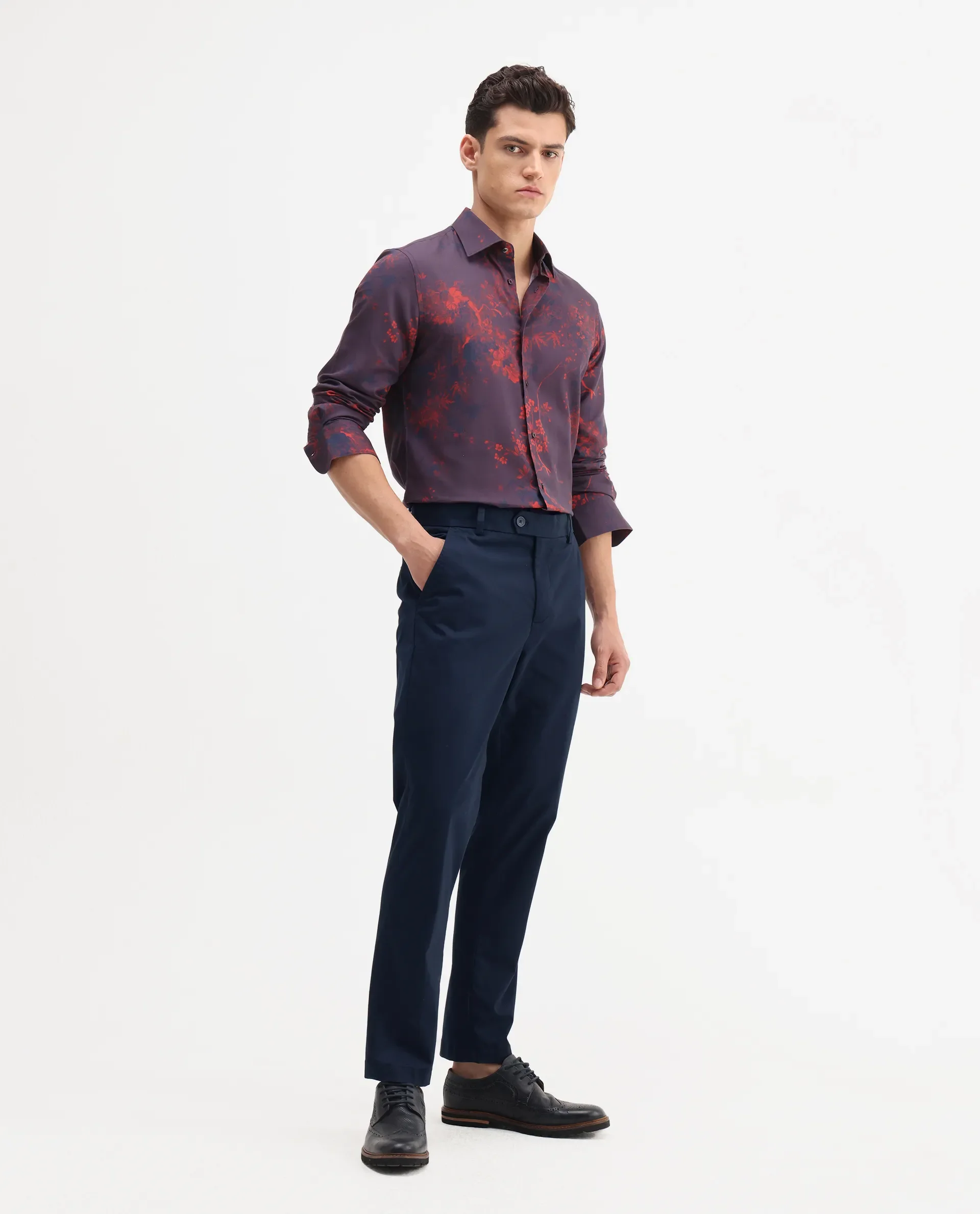 Rare Rabbit Men's Smart Navy Cotton Blend Plain Regular Fit Trouser - Image 6