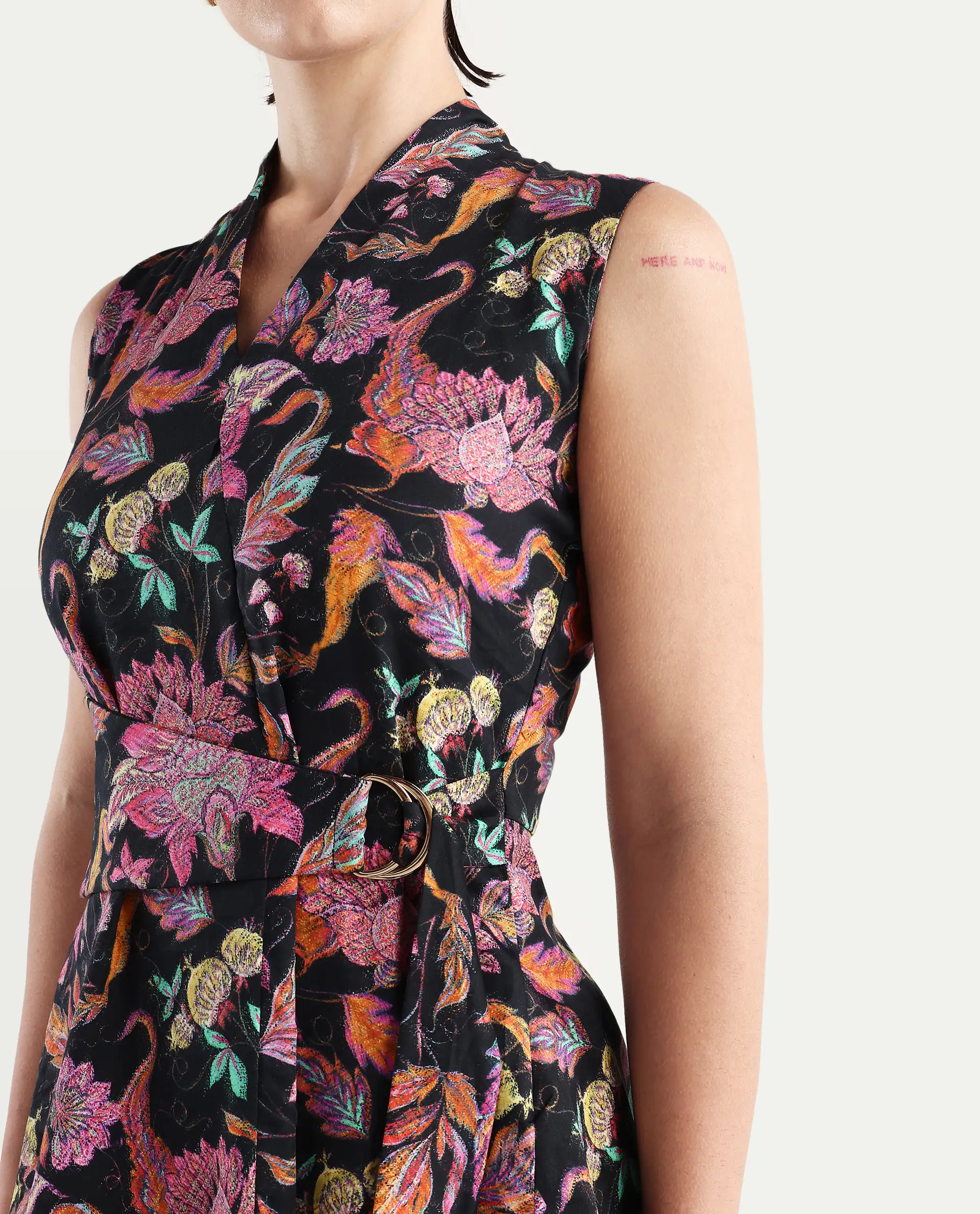 Rareism Women's Smitterg Dark Multi Cotton Blend Surplice Neck Abstract Print Sleeveless Regular Fit Top - Image 3
