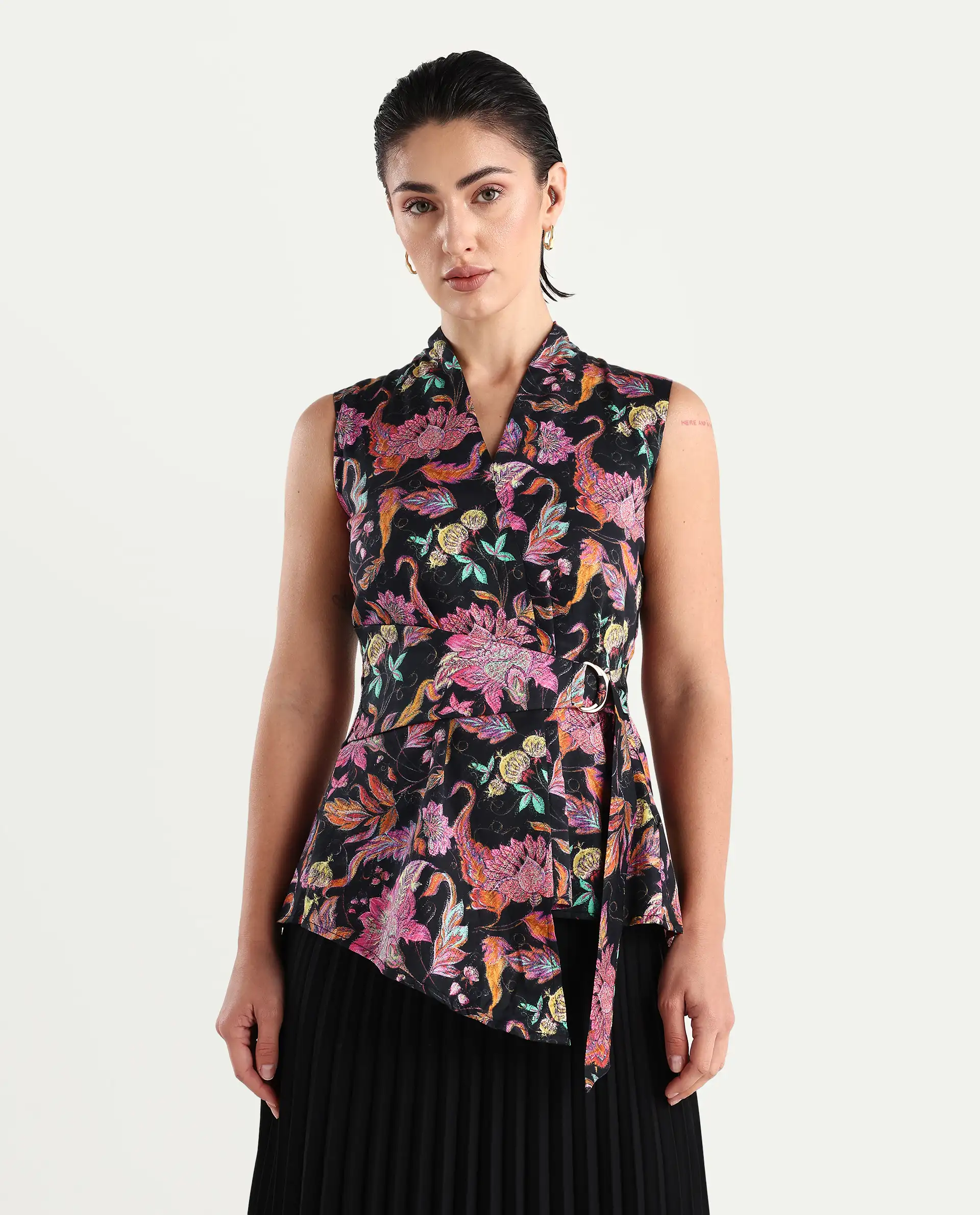 Rareism Women's Smitterg Dark Multi Cotton Blend Surplice Neck Abstract Print Sleeveless Regular Fit Top - Image 4