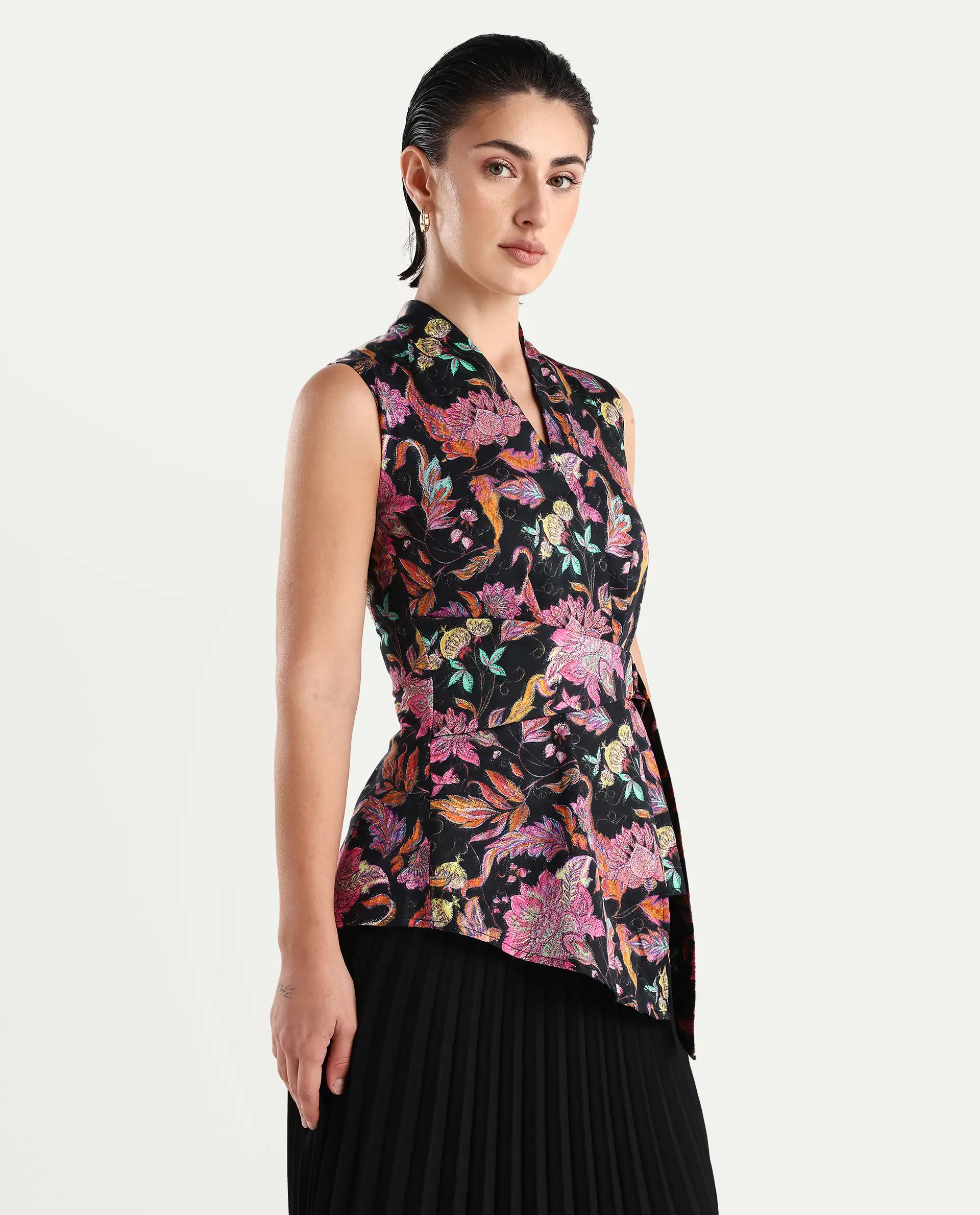 Rareism Women's Smitterg Dark Multi Cotton Blend Surplice Neck Abstract Print Sleeveless Regular Fit Top - Image 6