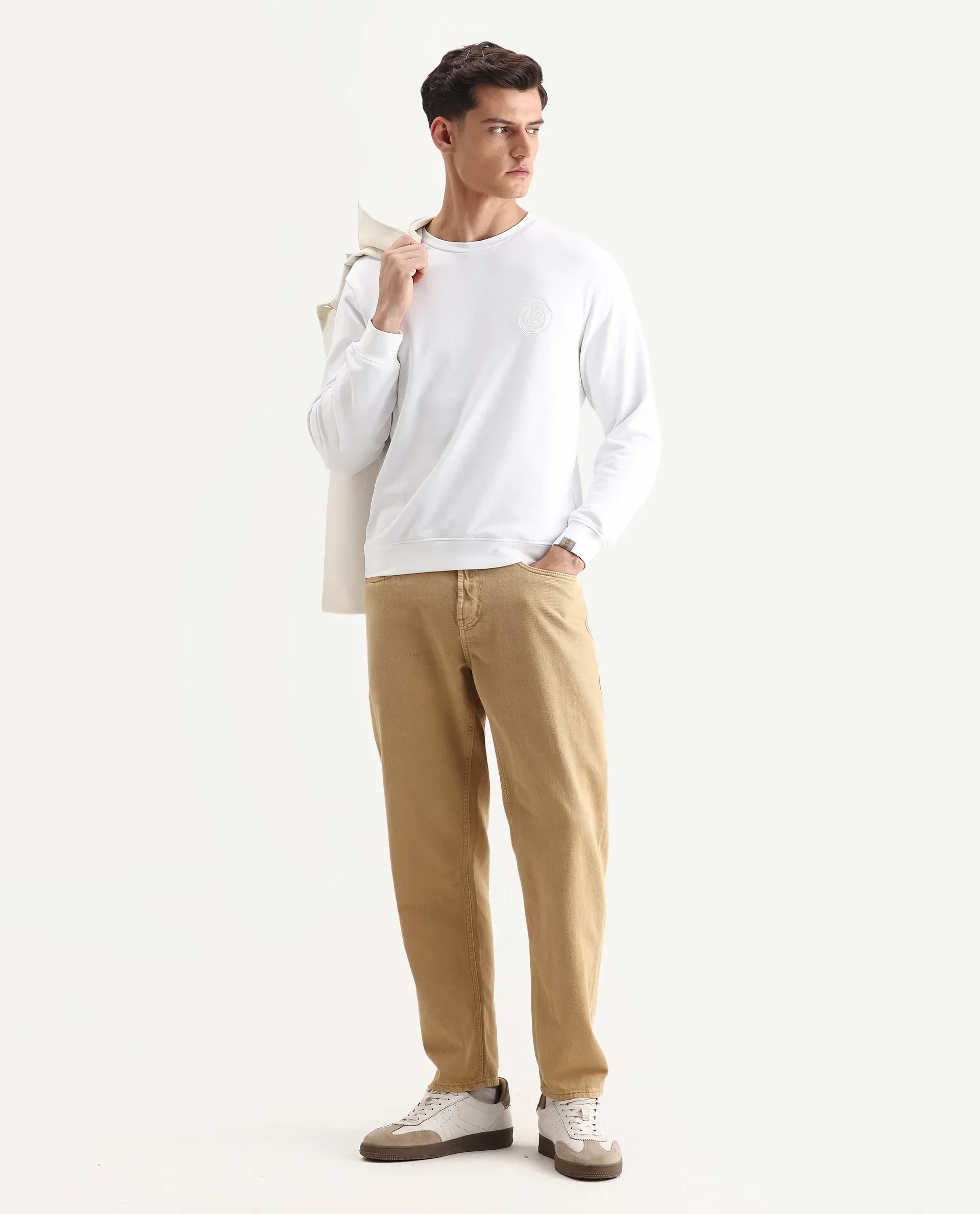 Rare Rabbit Men's Smog White Cotton Embroidered Regular Fit Full Sleeve Crew Neck Sweatshirt - Image 2