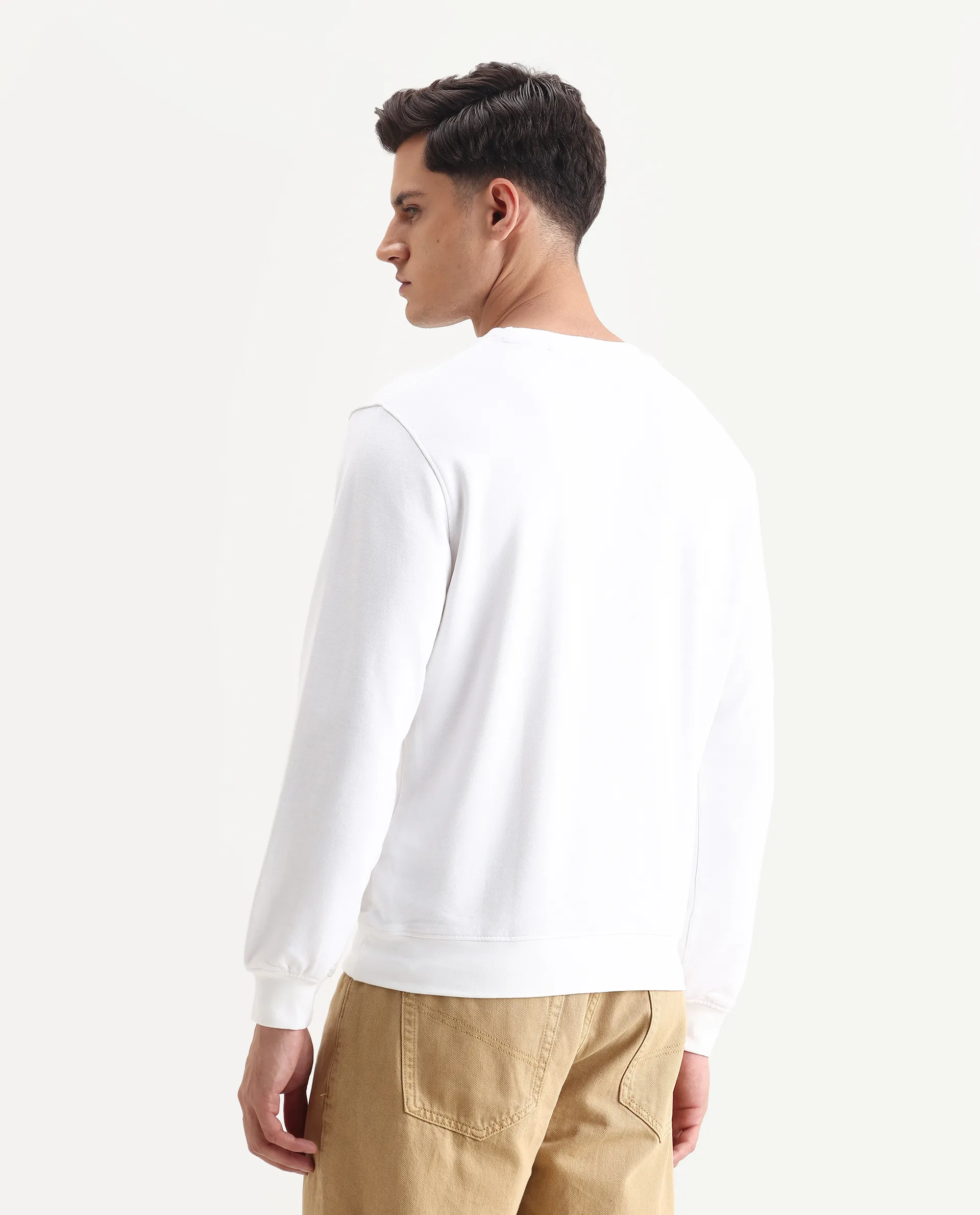 Rare Rabbit Men's Smog White Cotton Embroidered Regular Fit Full Sleeve Crew Neck Sweatshirt - Image 4