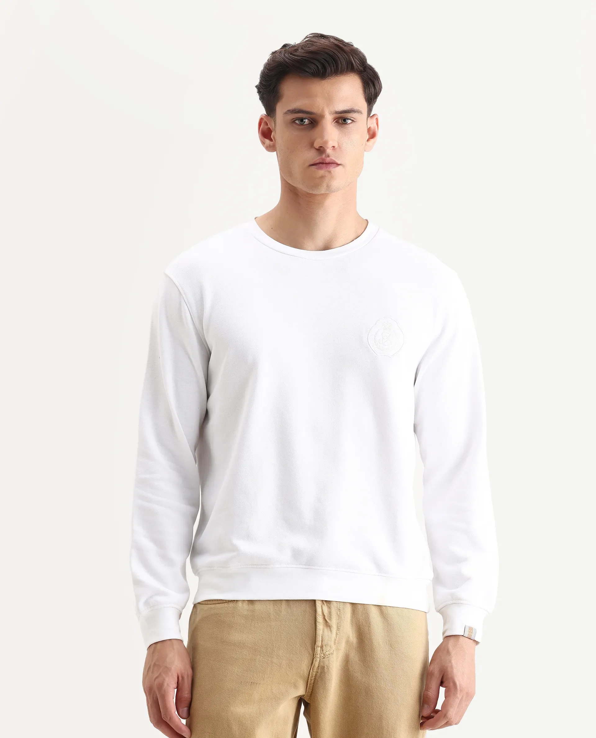 Rare Rabbit Men's Smog White Cotton Embroidered Regular Fit Full Sleeve Crew Neck Sweatshirt - Image 5