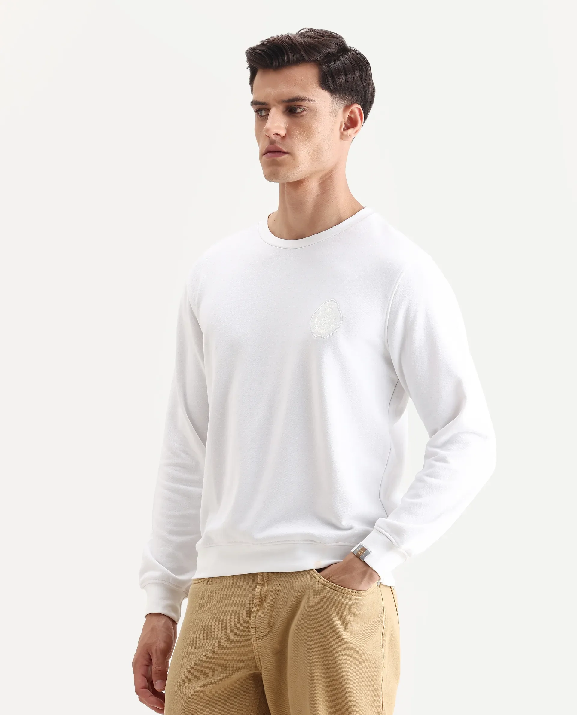 Rare Rabbit Men's Smog White Cotton Embroidered Regular Fit Full Sleeve Crew Neck Sweatshirt - Image 6