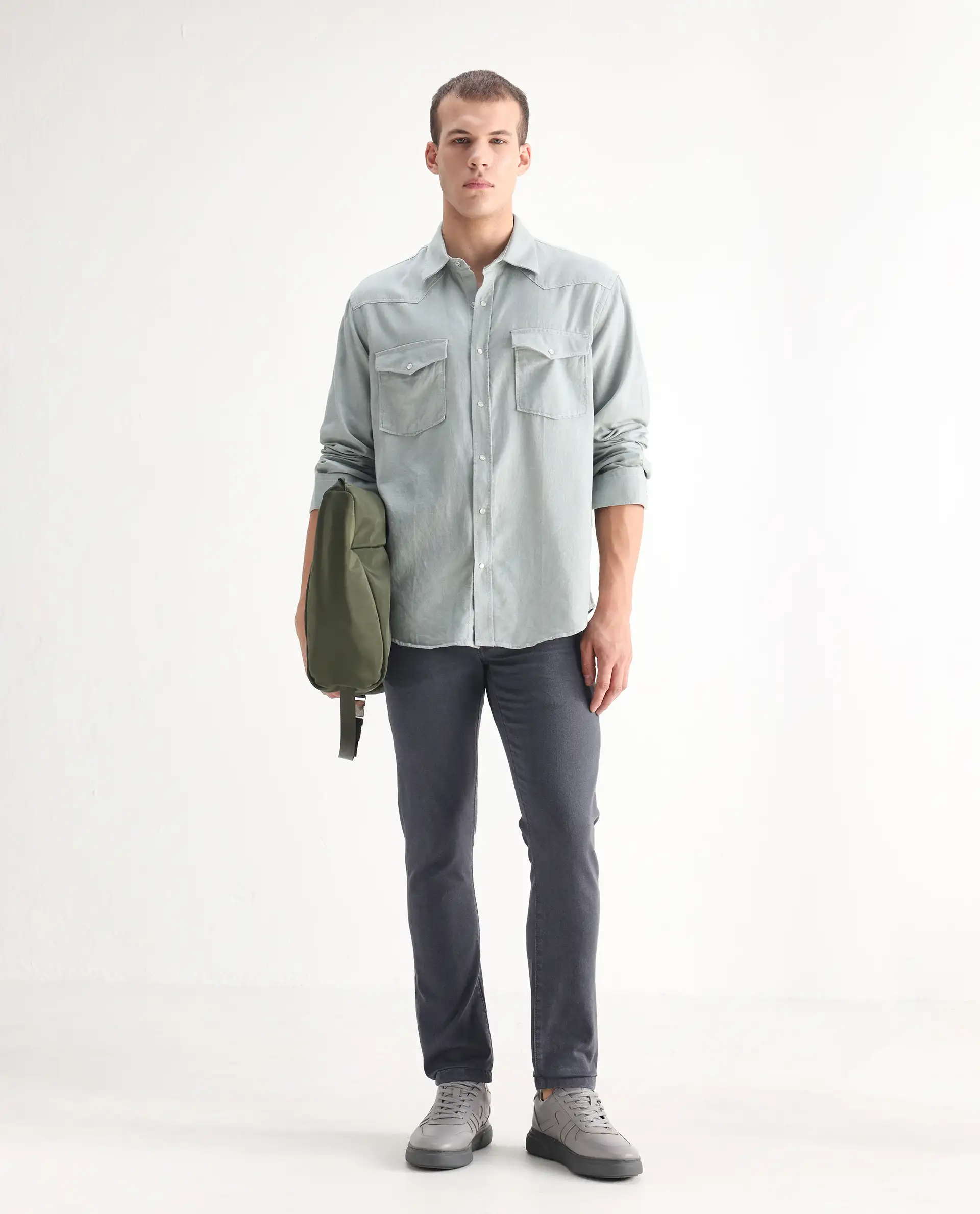Rare Rabbit Men's Smok Grey Cotton Blend Plain Hawk Slim Fit Jeans