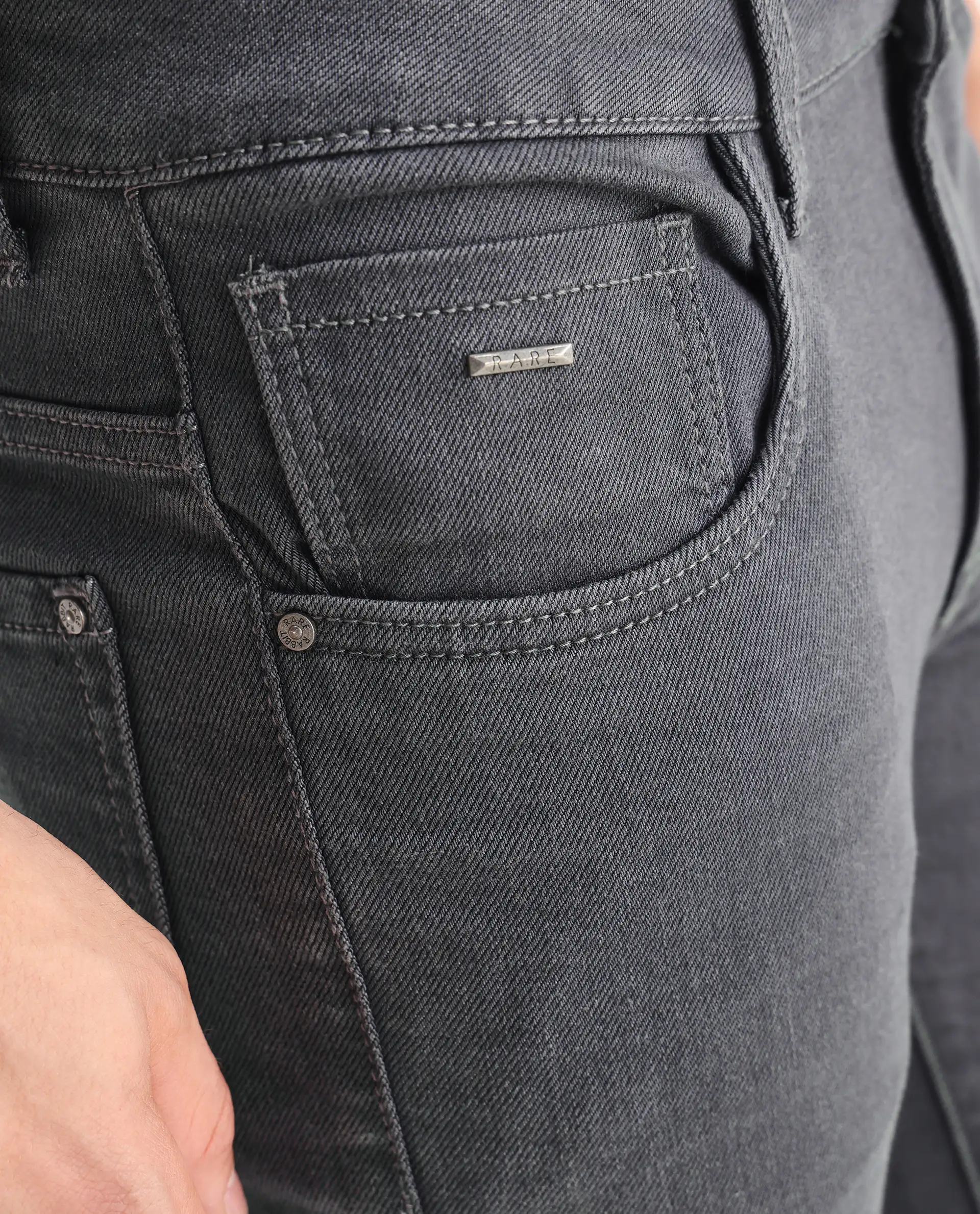 Rare Rabbit Men's Smok Grey Cotton Blend Plain Hawk Slim Fit Jeans - Image 4
