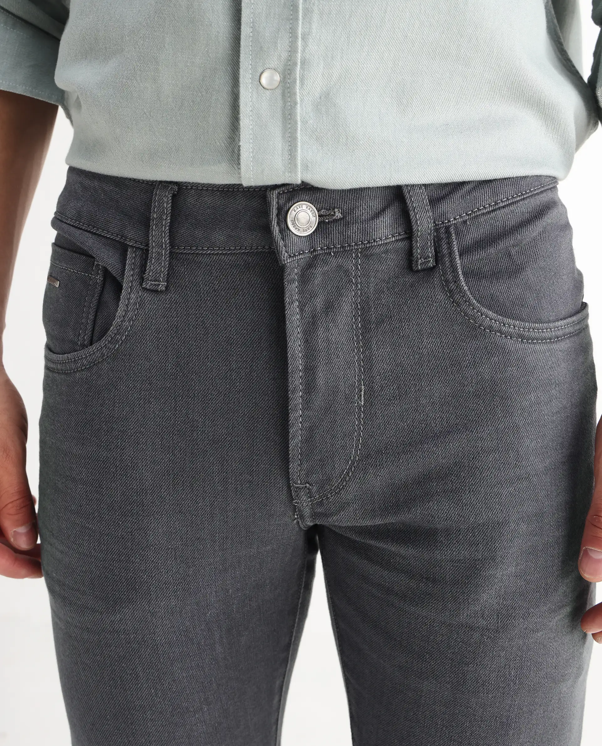 Rare Rabbit Men's Smok Grey Cotton Blend Plain Hawk Slim Fit Jeans - Image 5