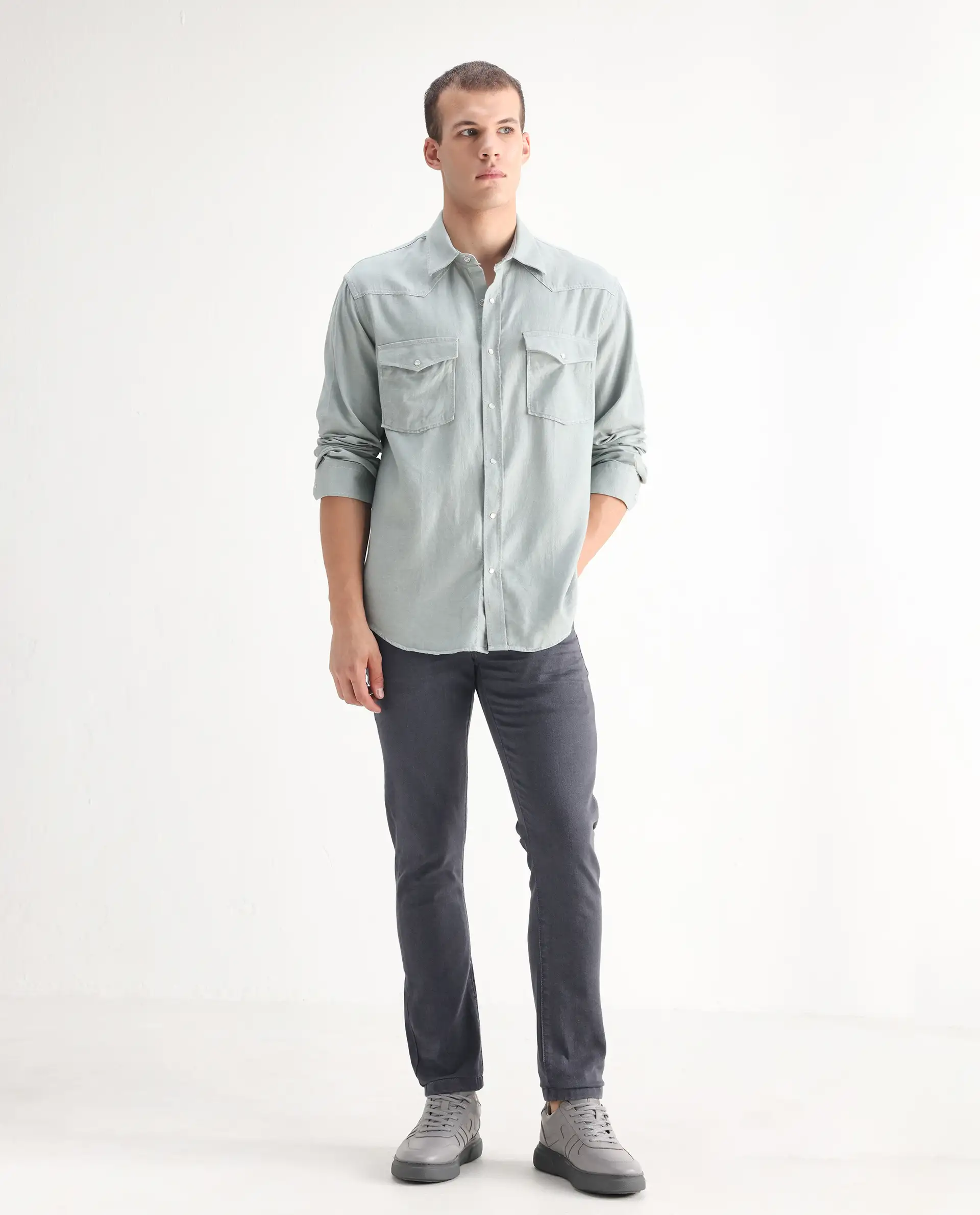 Rare Rabbit Men's Smok Grey Cotton Blend Plain Hawk Slim Fit Jeans - Image 8
