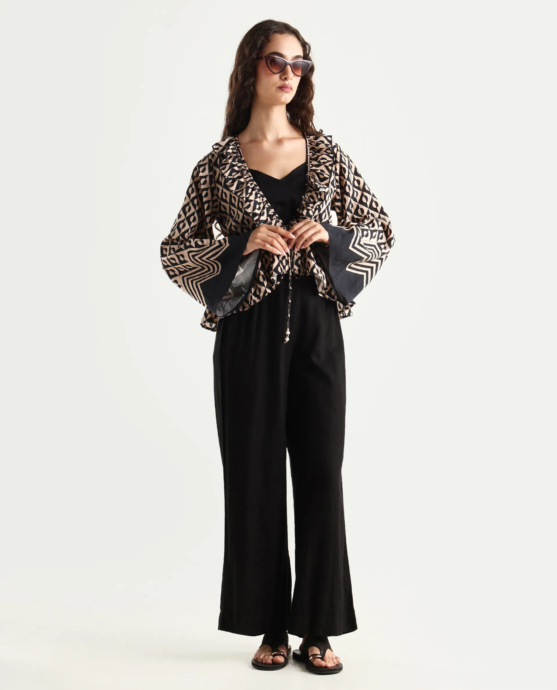 Rareism Women's Smor Black Viscose Blend Sweetheart Neck Geometric Print Bell Sleeve Regular Fit Top - Image 2