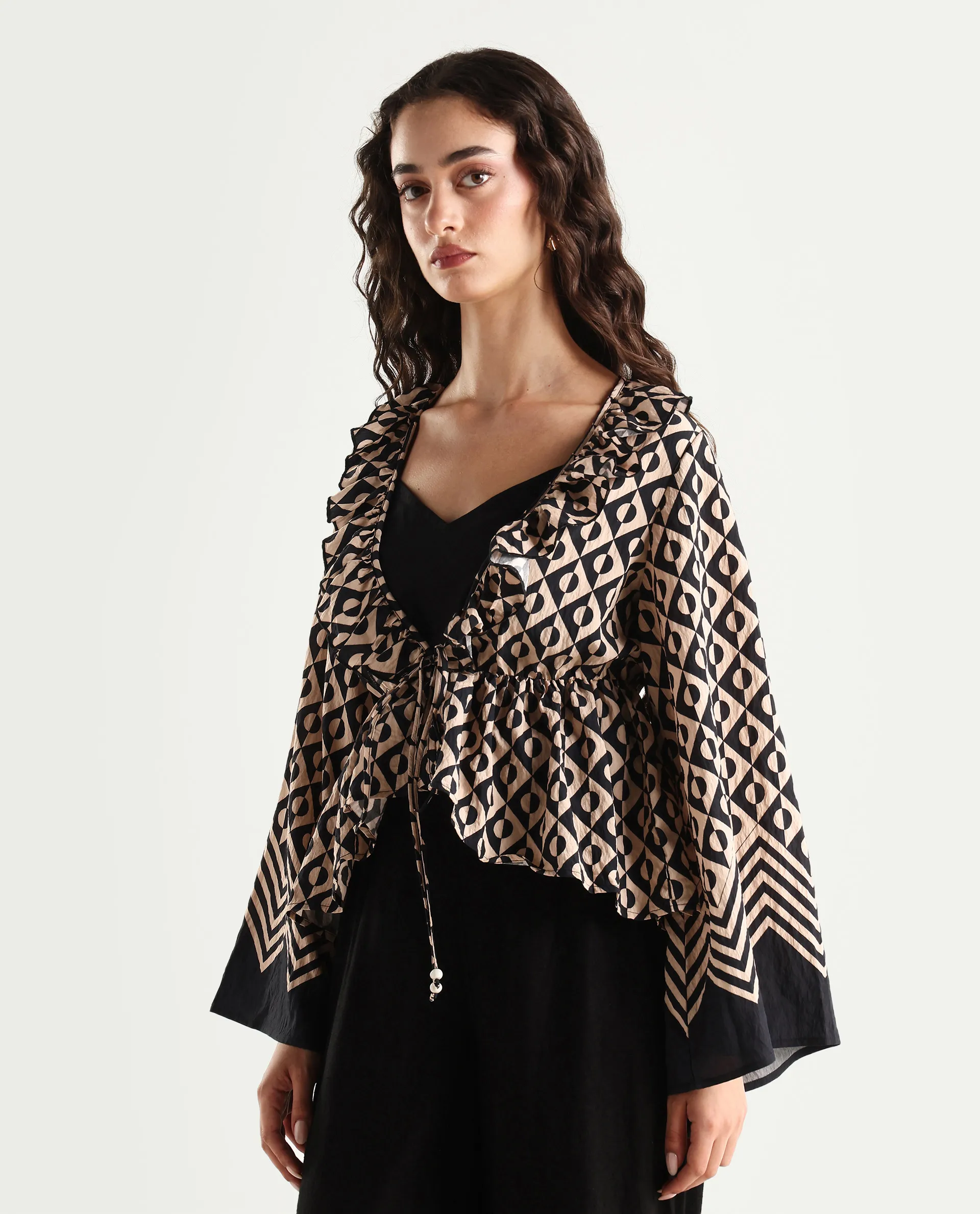 Rareism Women's Smor Black Viscose Blend Sweetheart Neck Geometric Print Bell Sleeve Regular Fit Top - Image 3