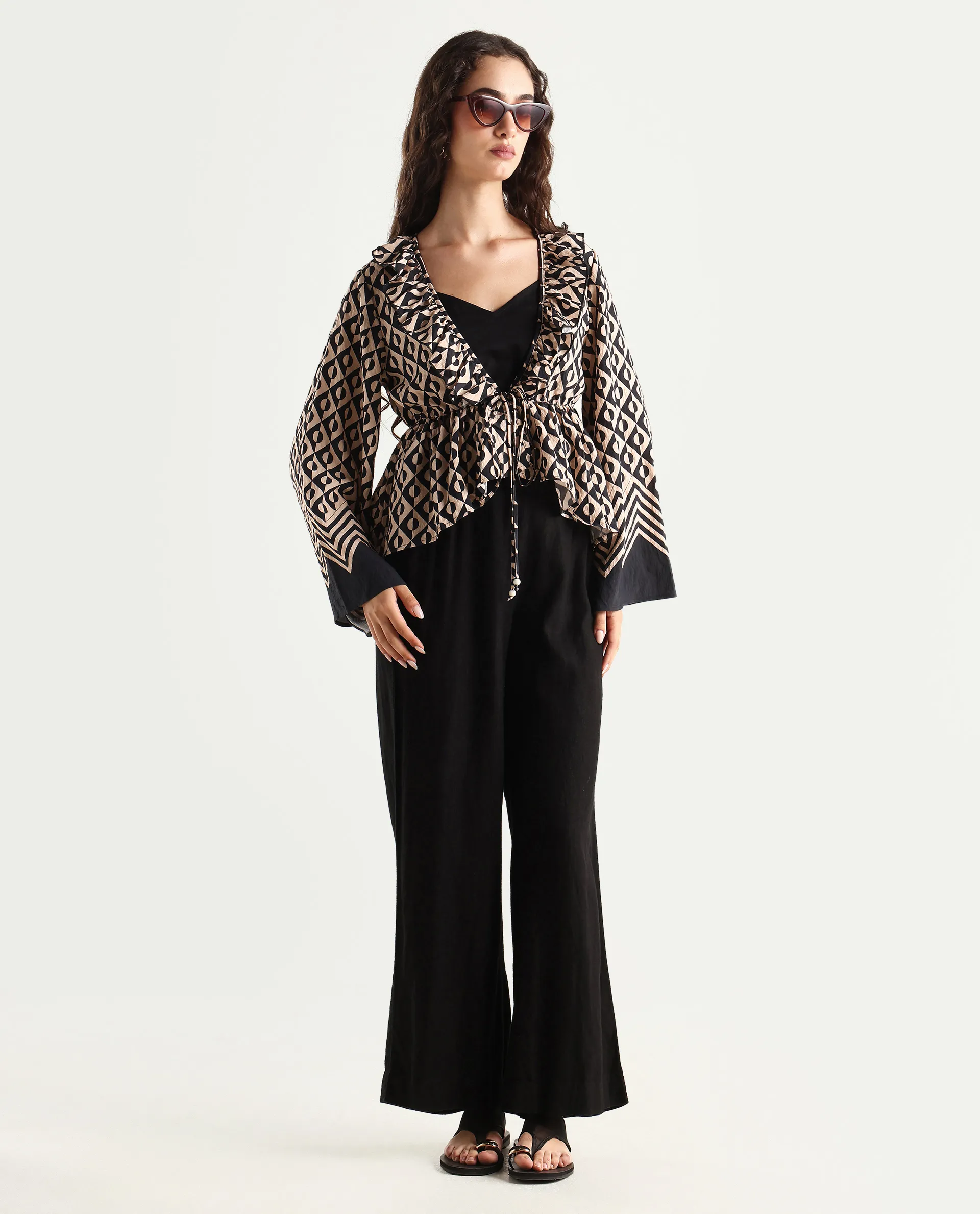 Rareism Women's Smor Black Viscose Blend Sweetheart Neck Geometric Print Bell Sleeve Regular Fit Top - Image 4