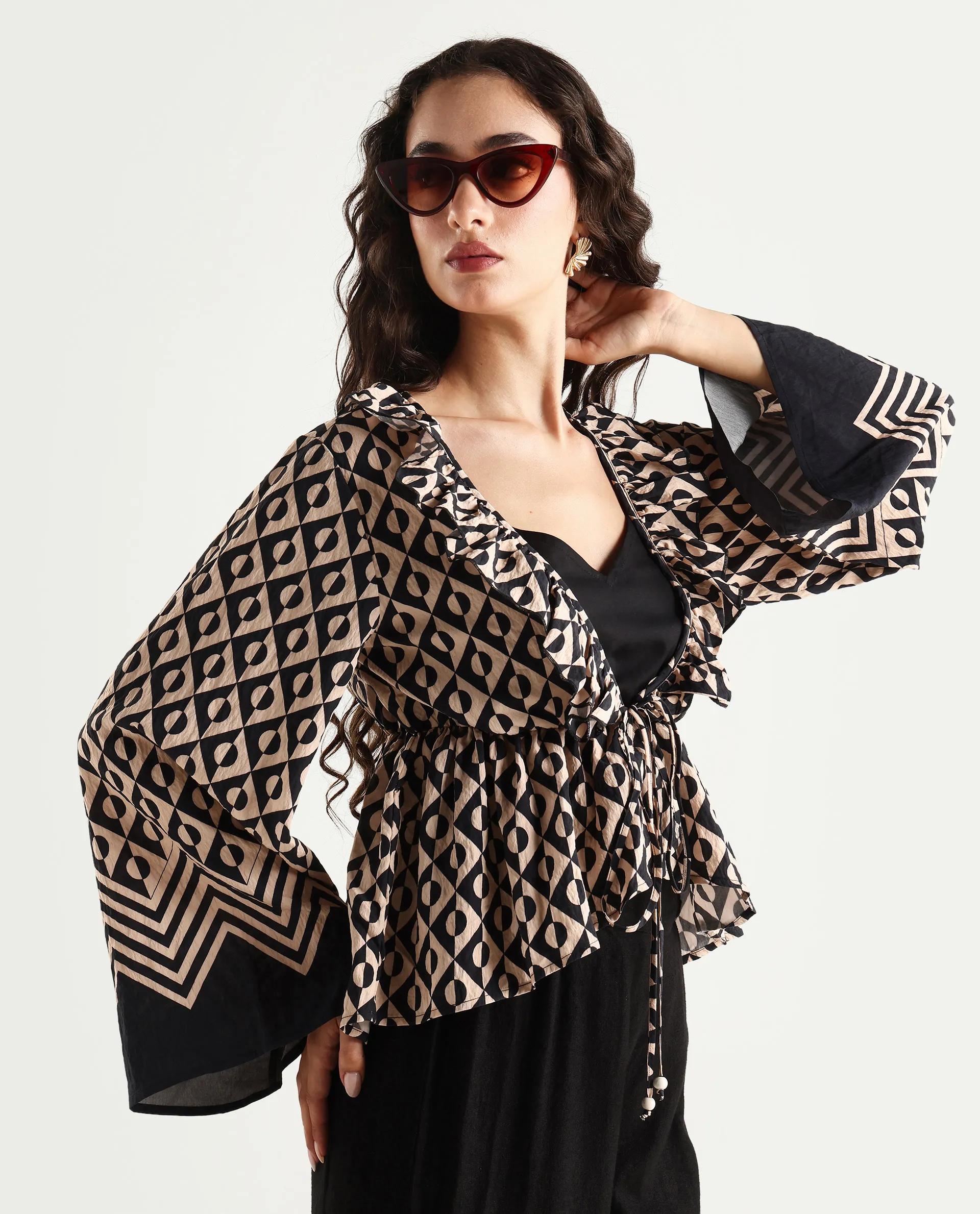 Rareism Women's Smor Black Viscose Blend Sweetheart Neck Geometric Print Bell Sleeve Regular Fit Top - Image 5
