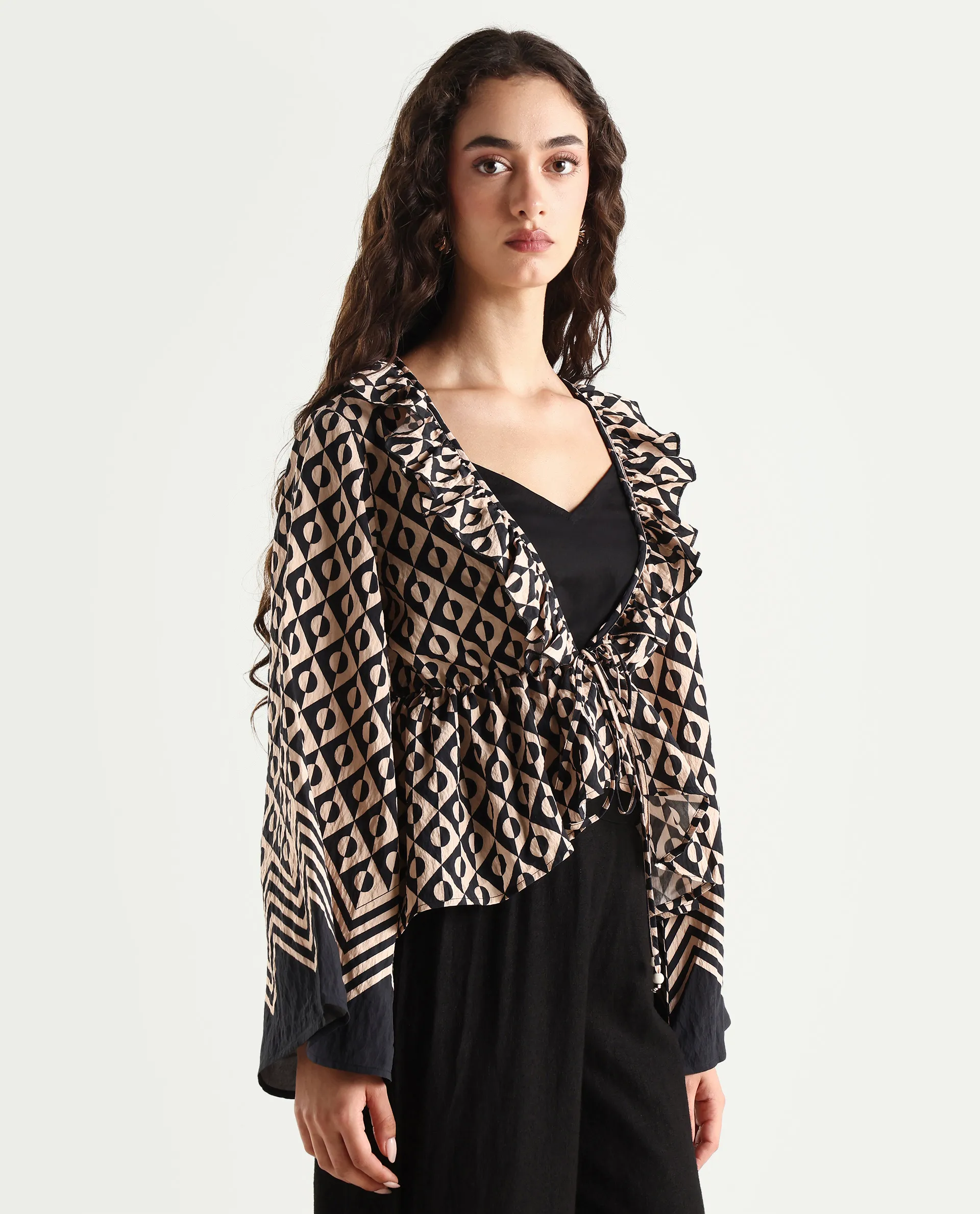 Rareism Women's Smor Black Viscose Blend Sweetheart Neck Geometric Print Bell Sleeve Regular Fit Top - Image 7
