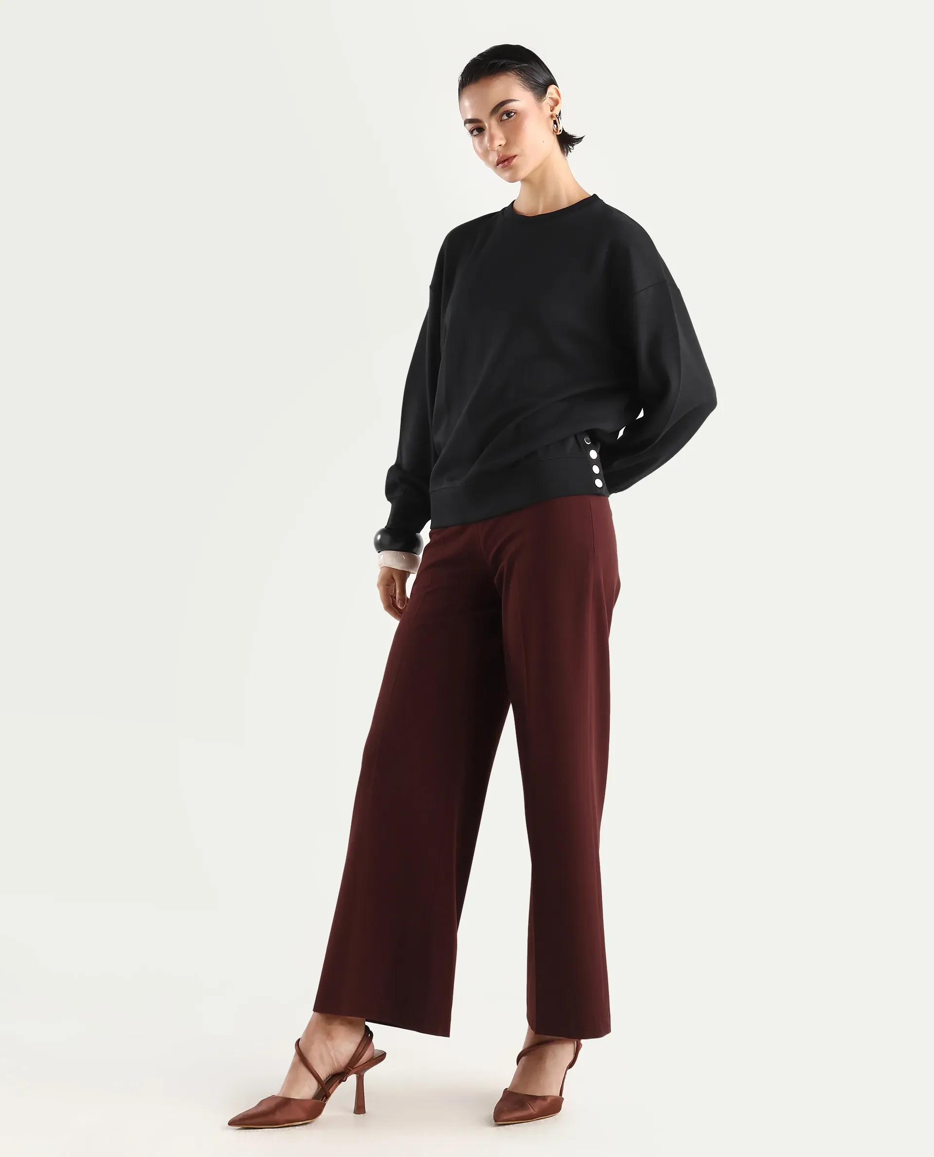 Rareism Women's Snappy Black Cotton Blend Crew Neck Plain Relaxed Fit Sweatshirt - Image 2