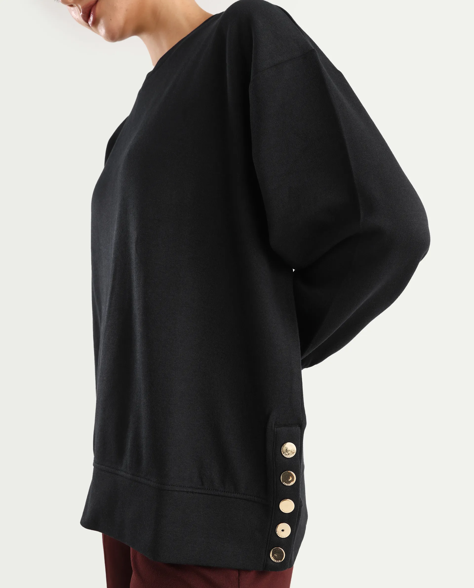 Rareism Women's Snappy Black Cotton Blend Crew Neck Plain Relaxed Fit Sweatshirt - Image 4
