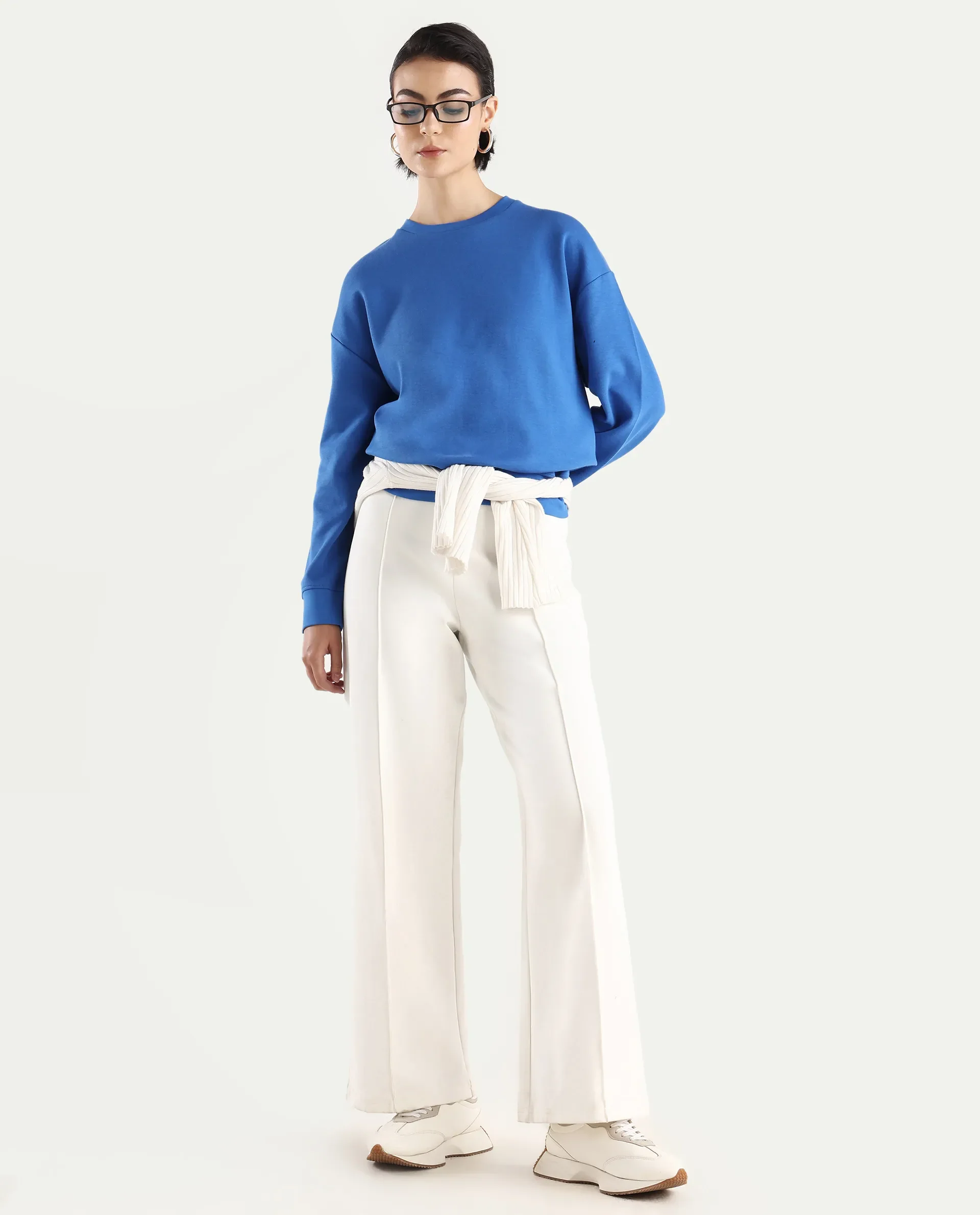 Rareism Women's Snappy Blue Cotton Blend Crew Neck Plain Relaxed Fit Sweatshirt - Image 2