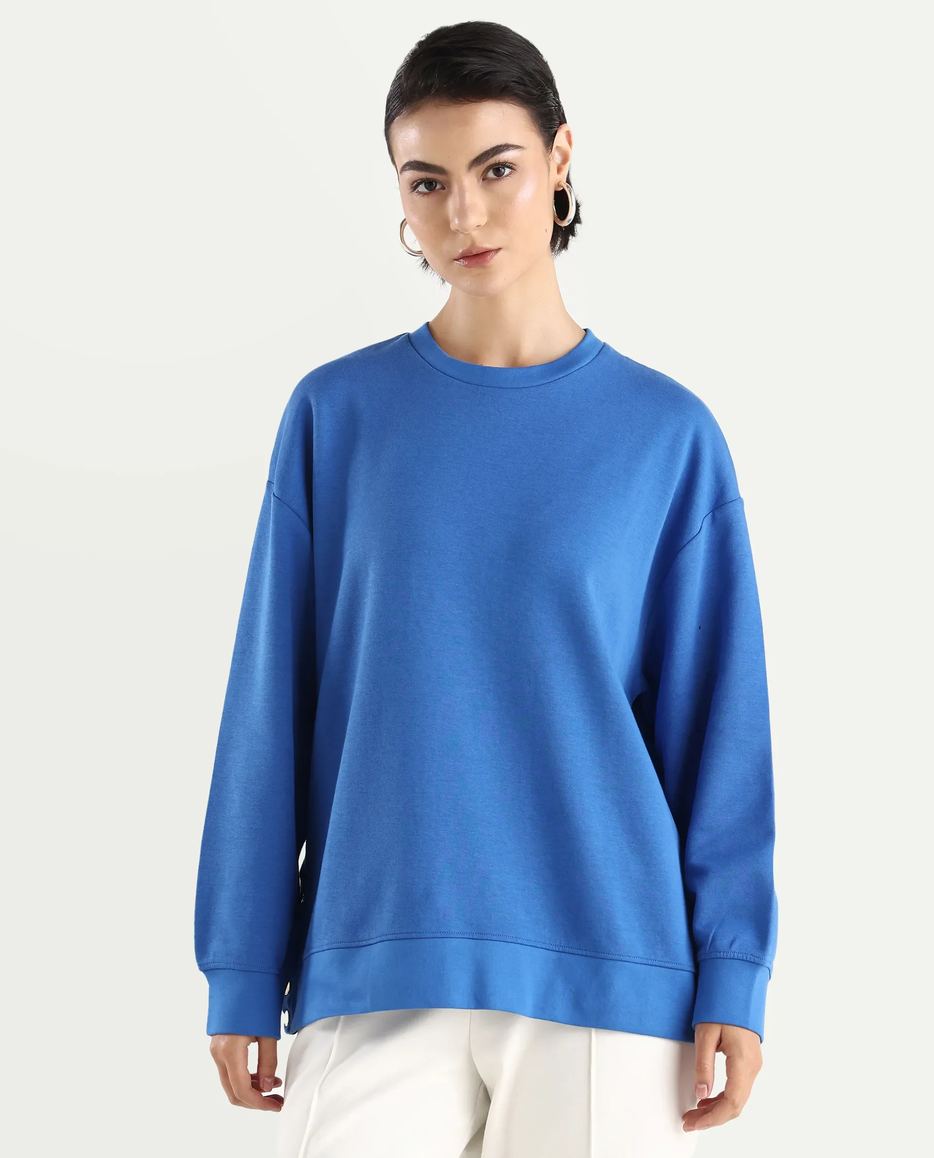 Rareism Women's Snappy Blue Cotton Blend Crew Neck Plain Relaxed Fit Sweatshirt - Image 3