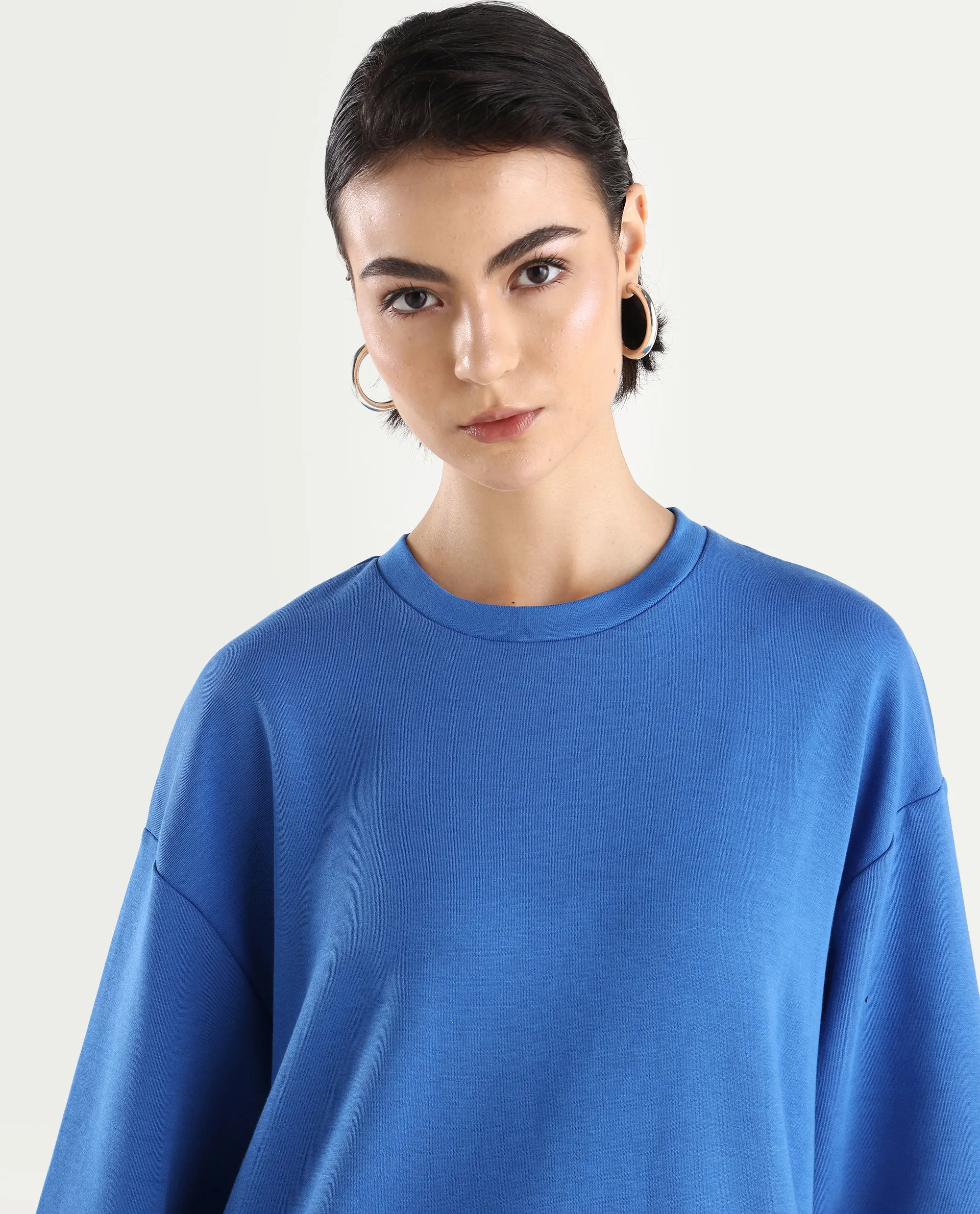Rareism Women's Snappy Blue Cotton Blend Crew Neck Plain Relaxed Fit Sweatshirt - Image 4