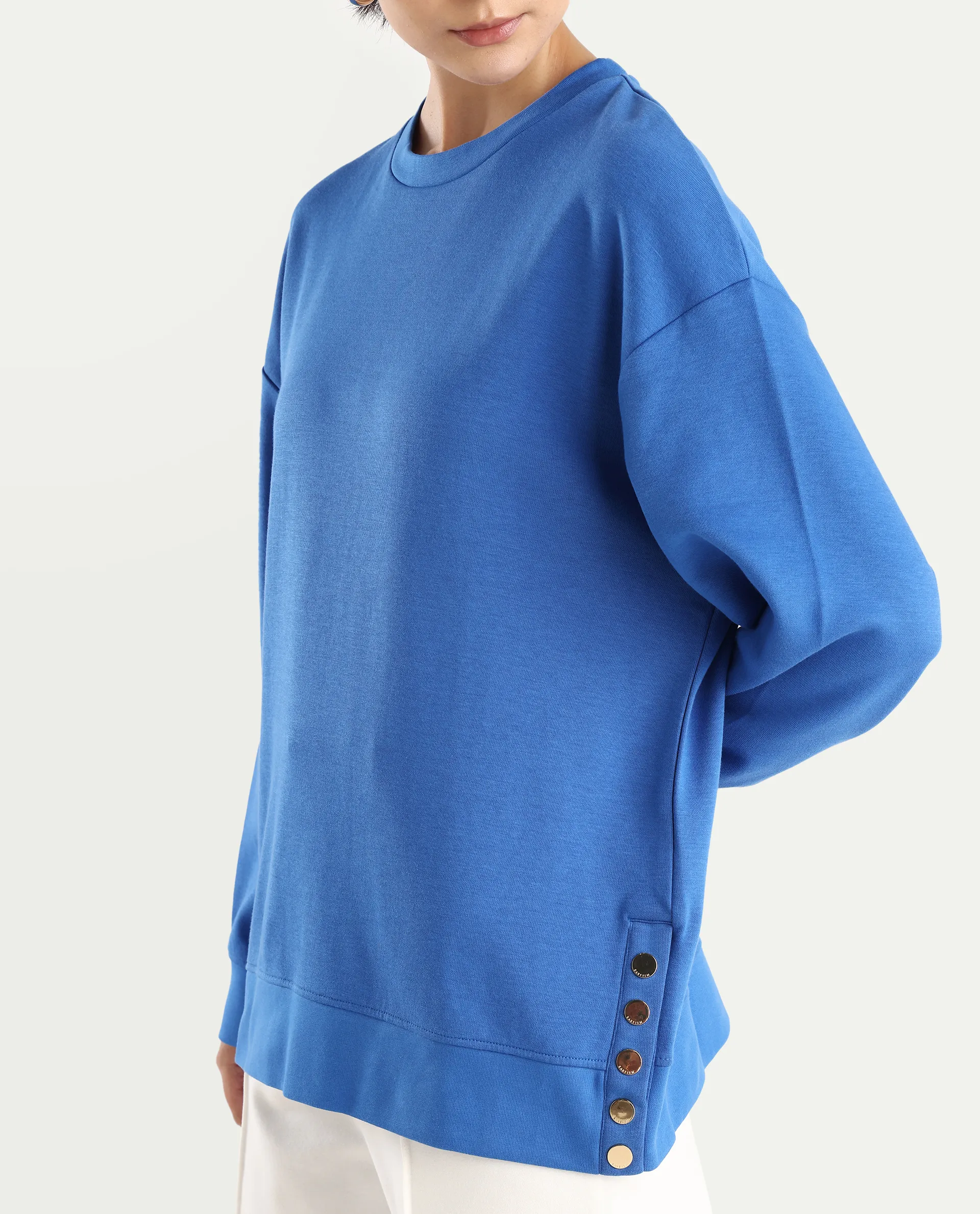 Rareism Women's Snappy Blue Cotton Blend Crew Neck Plain Relaxed Fit Sweatshirt - Image 5