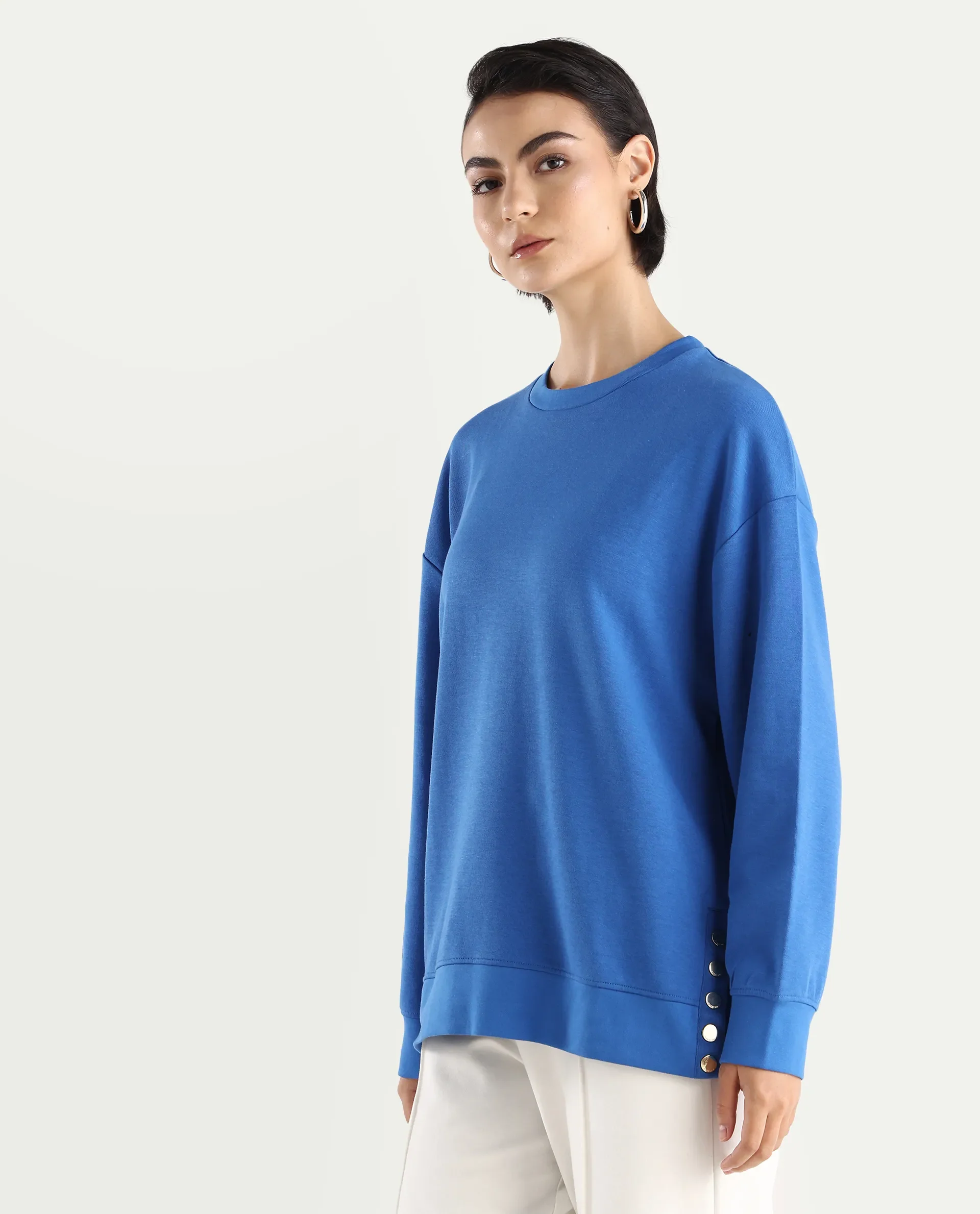 Rareism Women's Snappy Blue Cotton Blend Crew Neck Plain Relaxed Fit Sweatshirt - Image 6