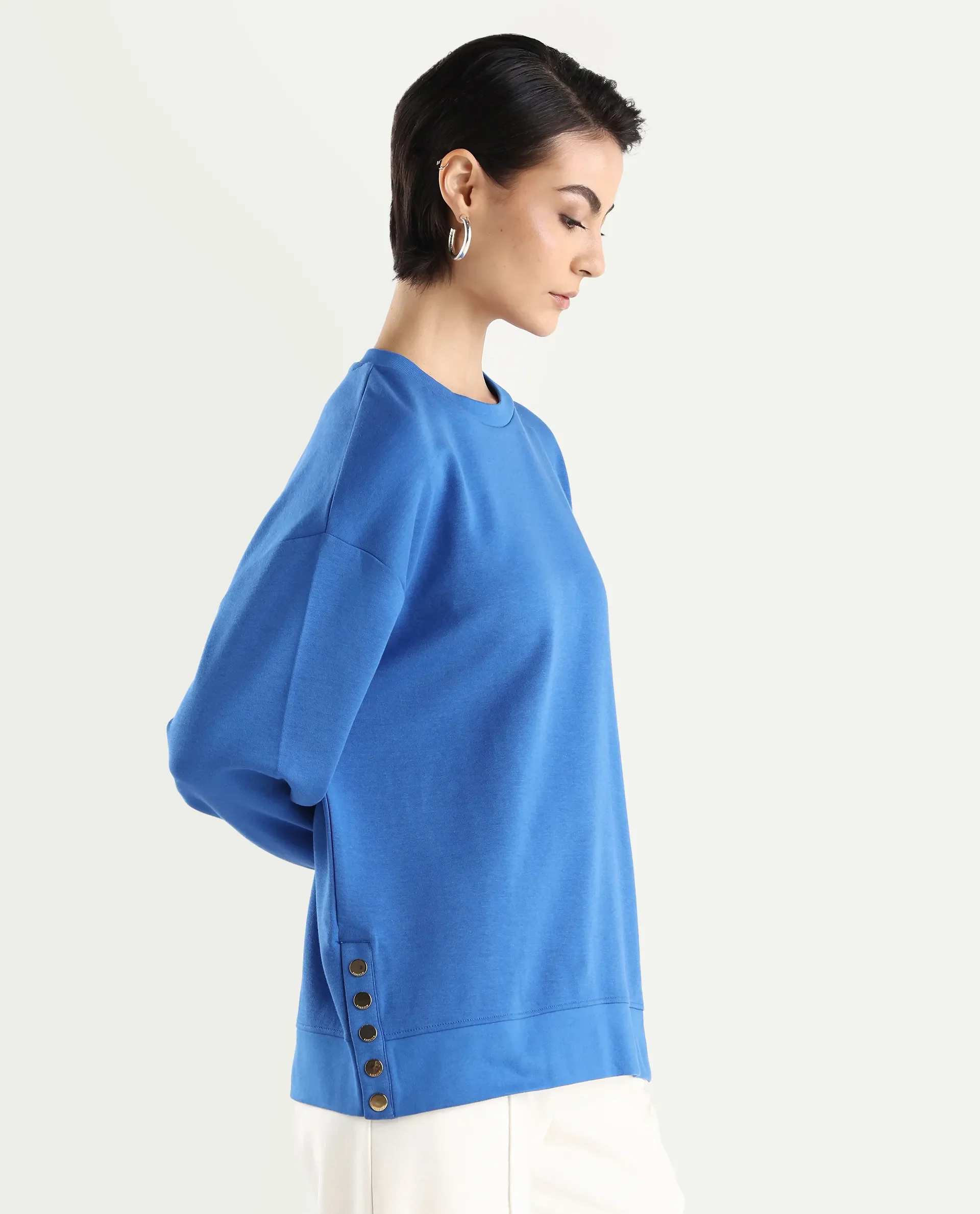 Rareism Women's Snappy Blue Cotton Blend Crew Neck Plain Relaxed Fit Sweatshirt - Image 7
