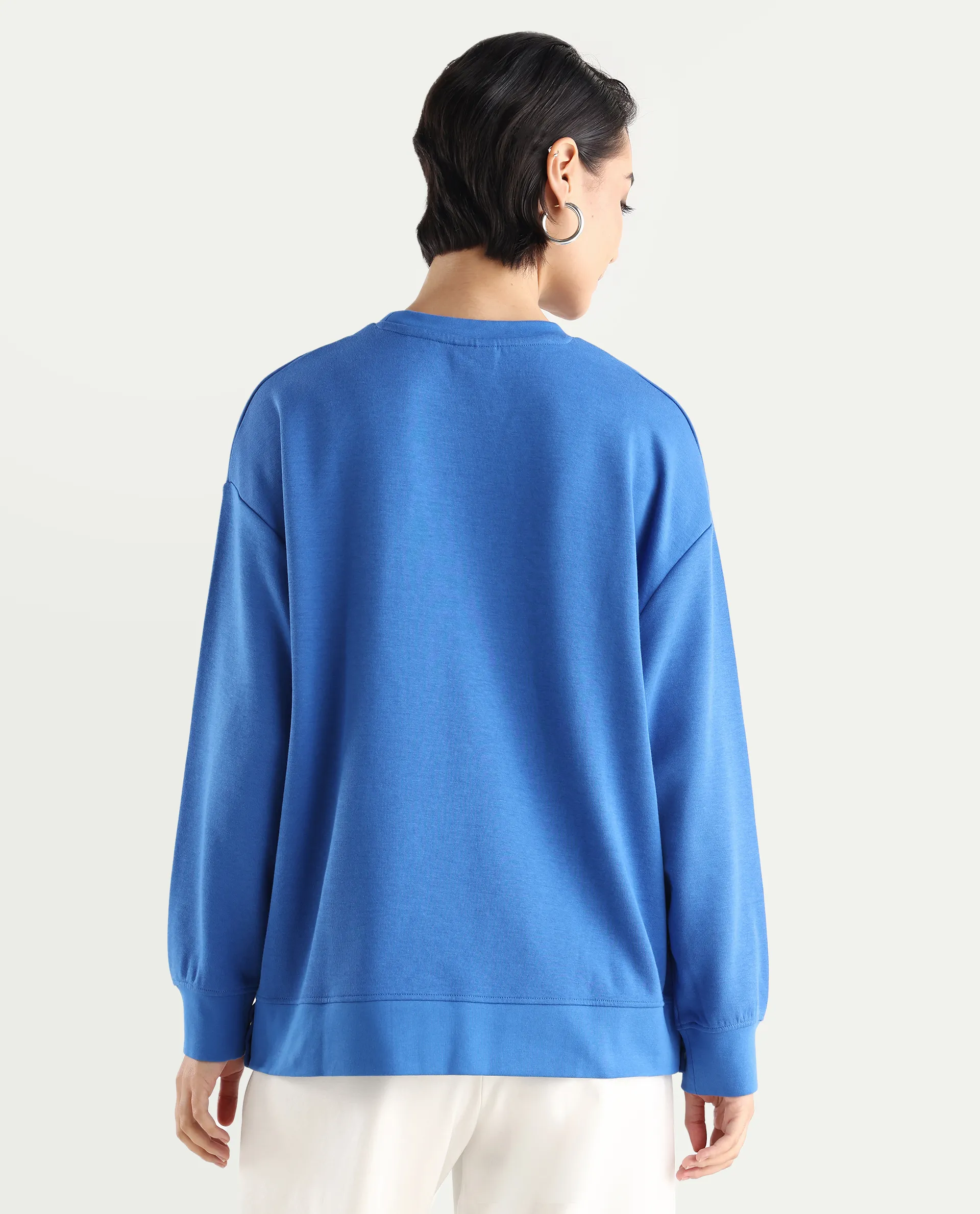Rareism Women's Snappy Blue Cotton Blend Crew Neck Plain Relaxed Fit Sweatshirt - Image 8