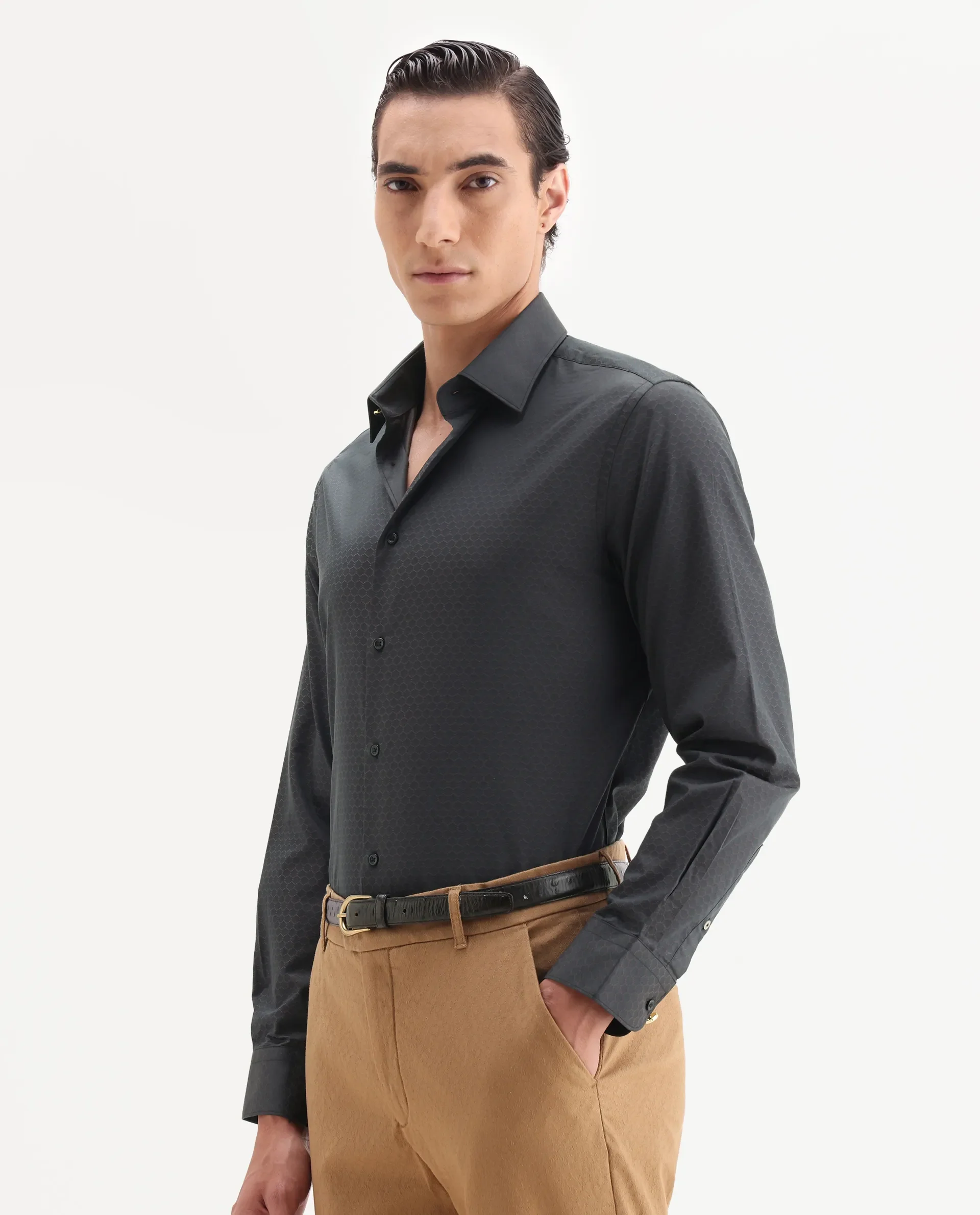 Rare Rabbit Men's Sner Dark Purple Cotton Fabric Collared Neck Regular Fit Jacquard Shirt - Image 4