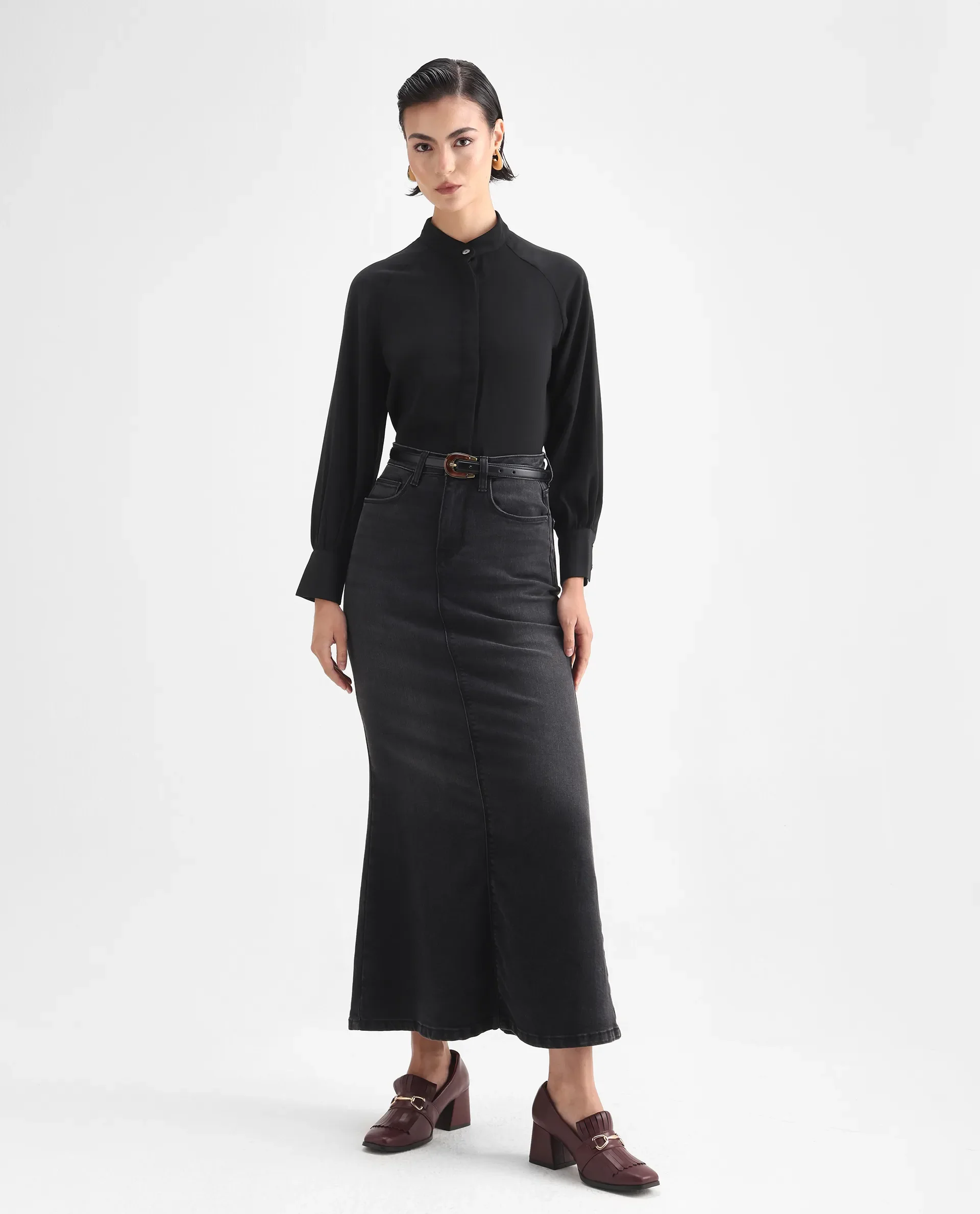Rareism Women's Snera Black Polyester Blend Drop Collar Plain Cuffed Sleeve Regular Fit Top - Image 2