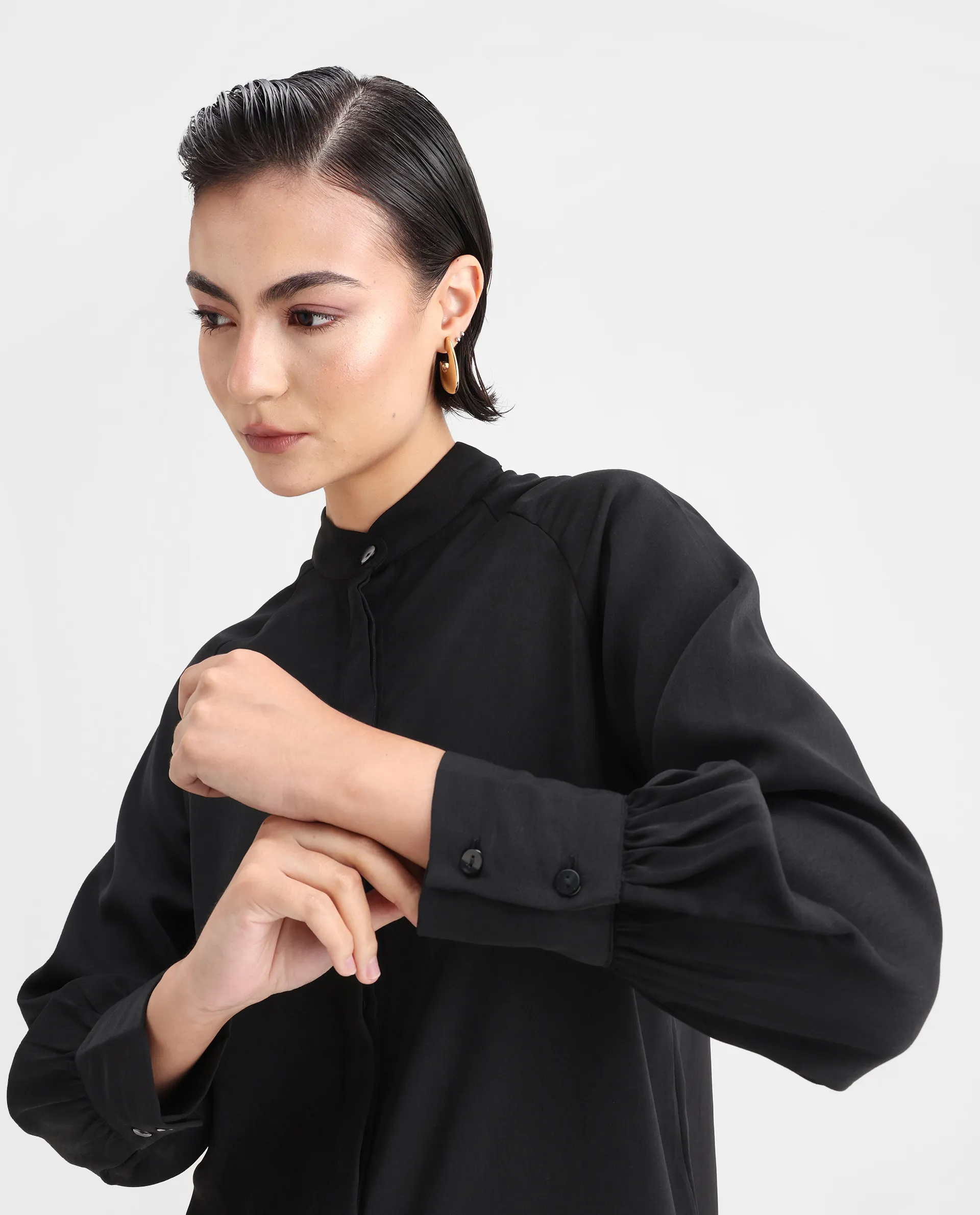 Rareism Women's Snera Black Polyester Blend Drop Collar Plain Cuffed Sleeve Regular Fit Top - Image 3