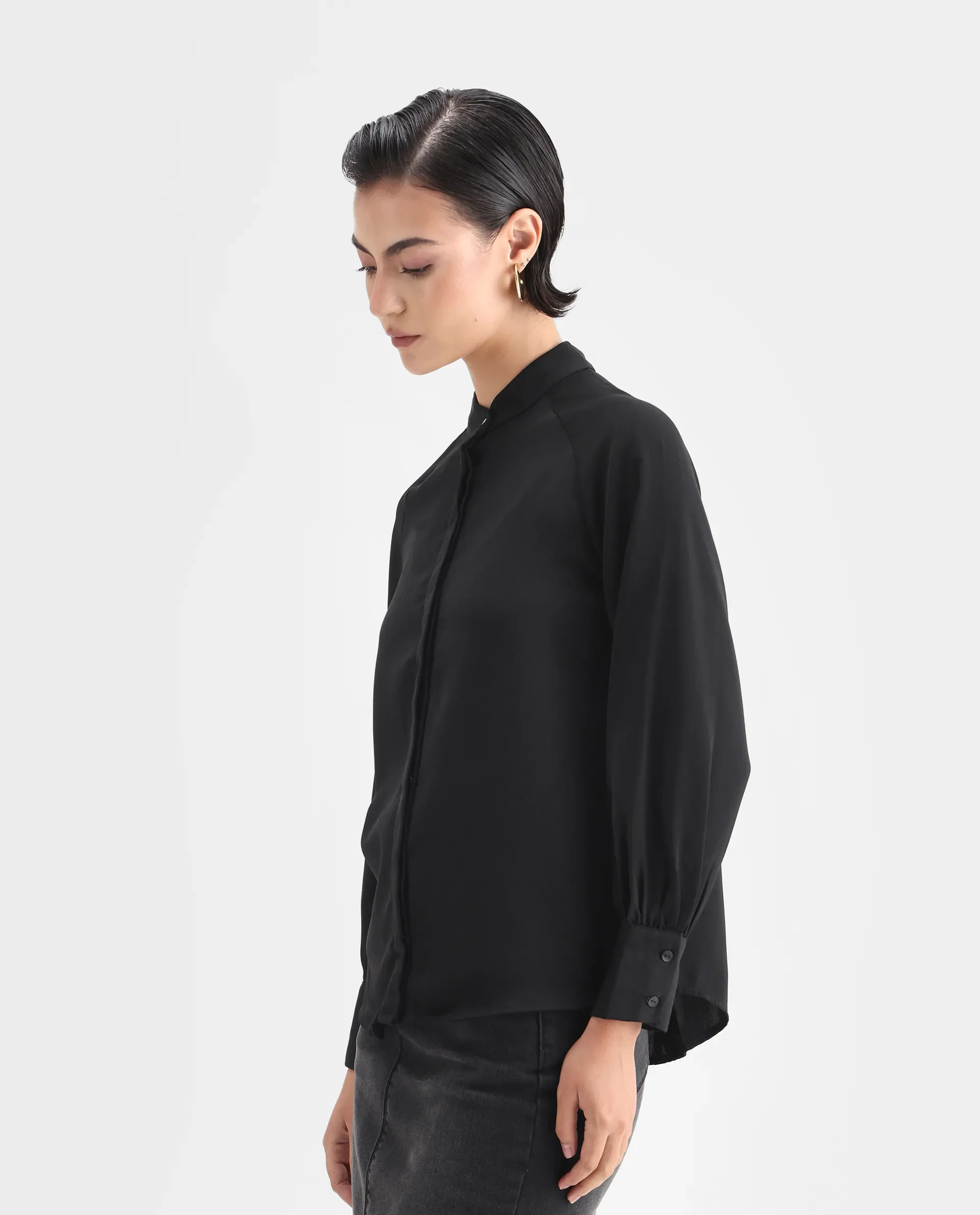 Rareism Women's Snera Black Polyester Blend Drop Collar Plain Cuffed Sleeve Regular Fit Top - Image 4