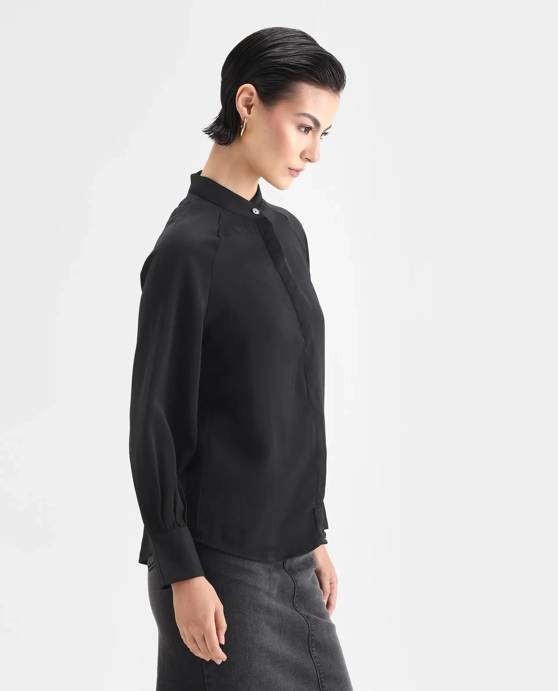 Rareism Women's Snera Black Polyester Blend Drop Collar Plain Cuffed Sleeve Regular Fit Top - Image 5