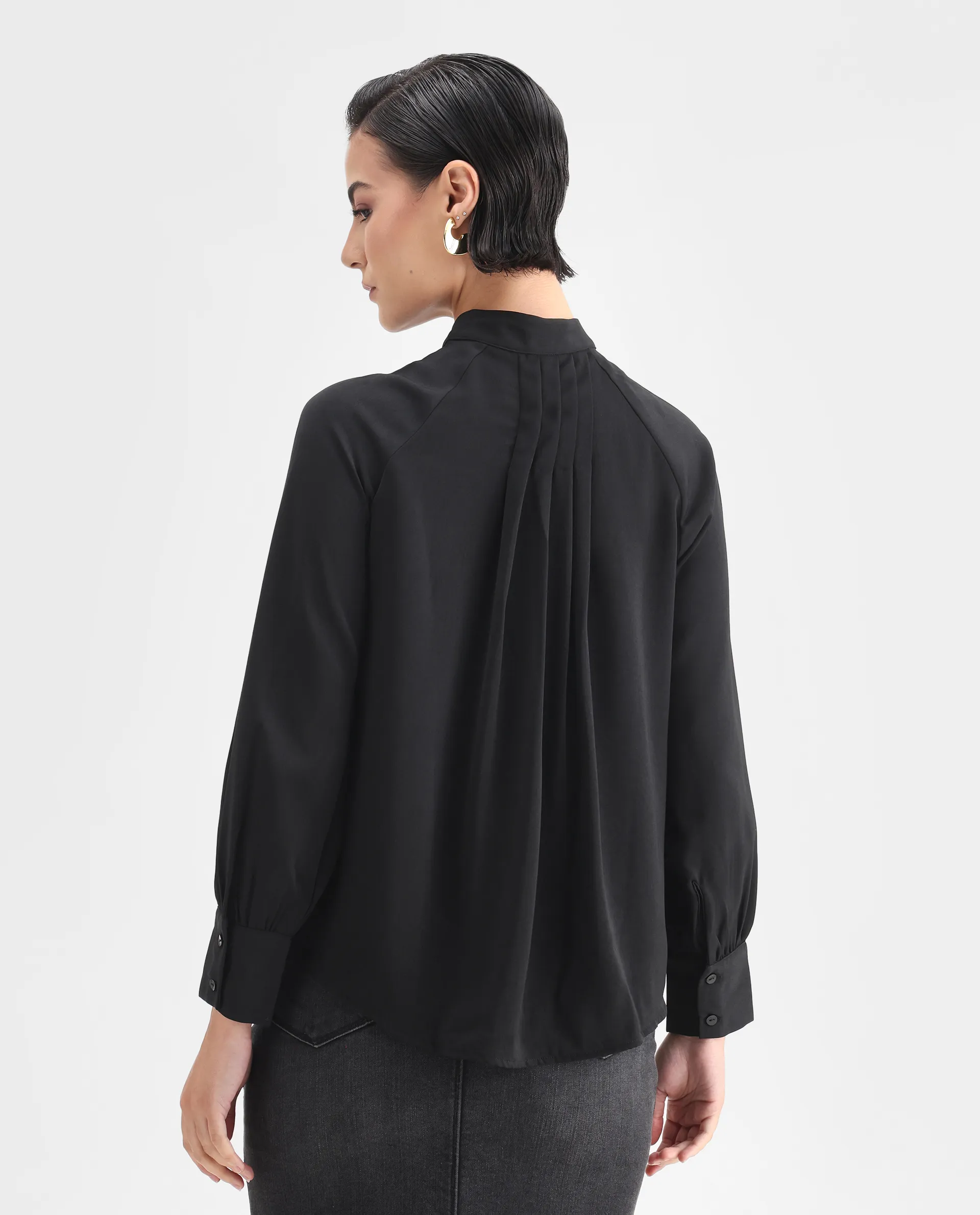 Rareism Women's Snera Black Polyester Blend Drop Collar Plain Cuffed Sleeve Regular Fit Top - Image 7