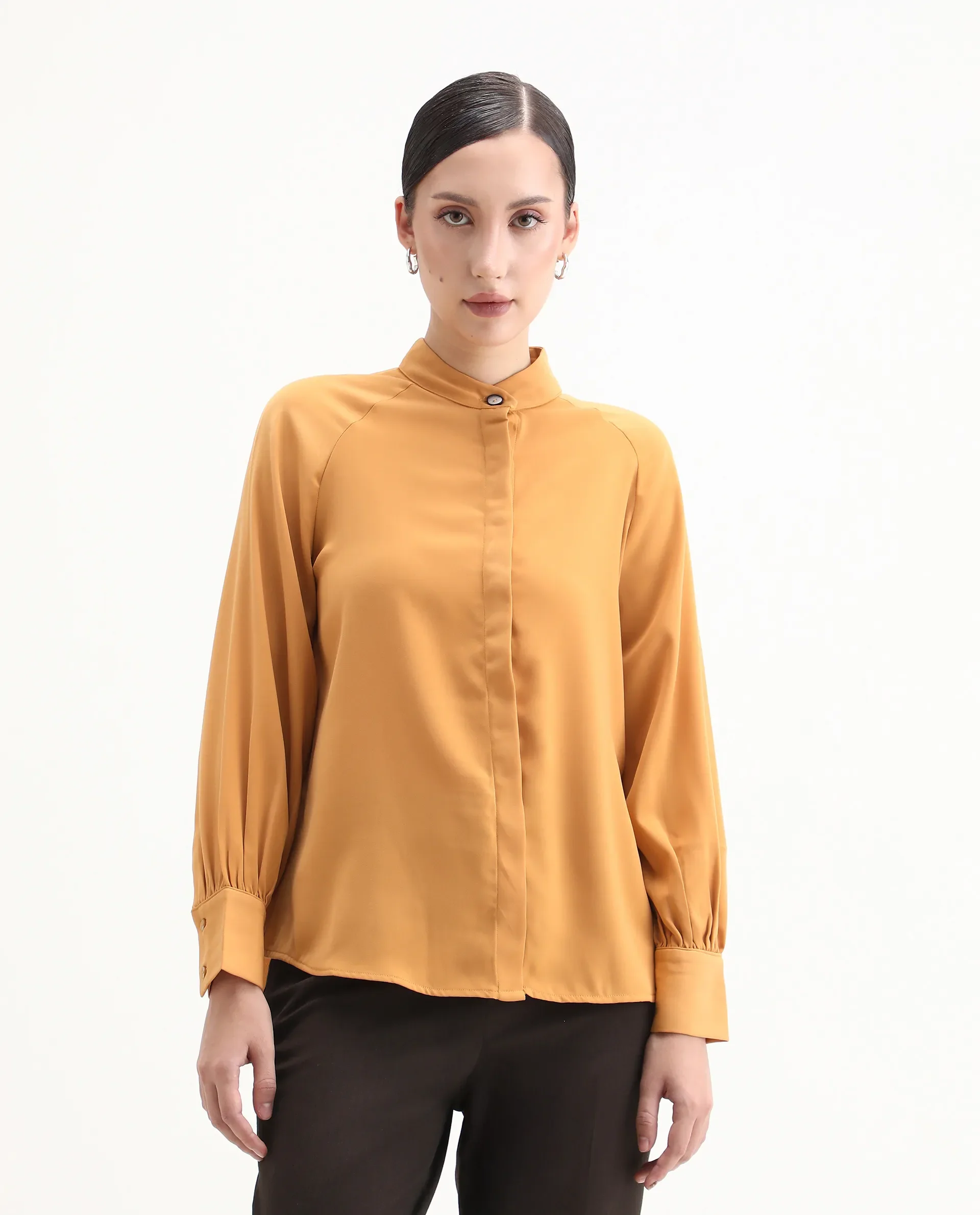 Rareism Women's Snera Yellow Polyester Blend Drop Collar Plain Cuffed Sleeve Regular Fit Top - Image 4