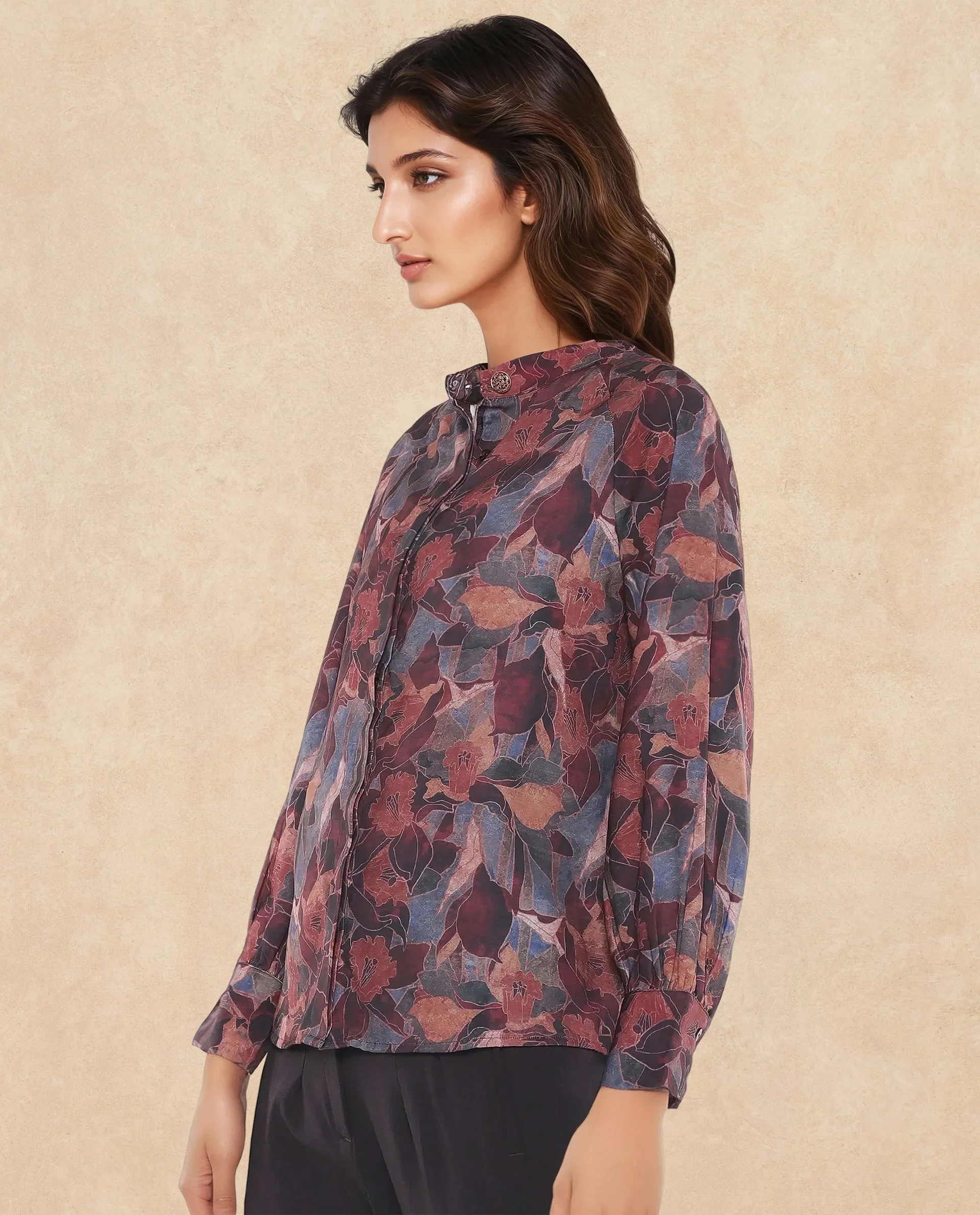 Rareism Women's Snery Dark Multi Polyester Spread Collar Floral Print Cuffed Sleeve Regular Fit Top - Image 3