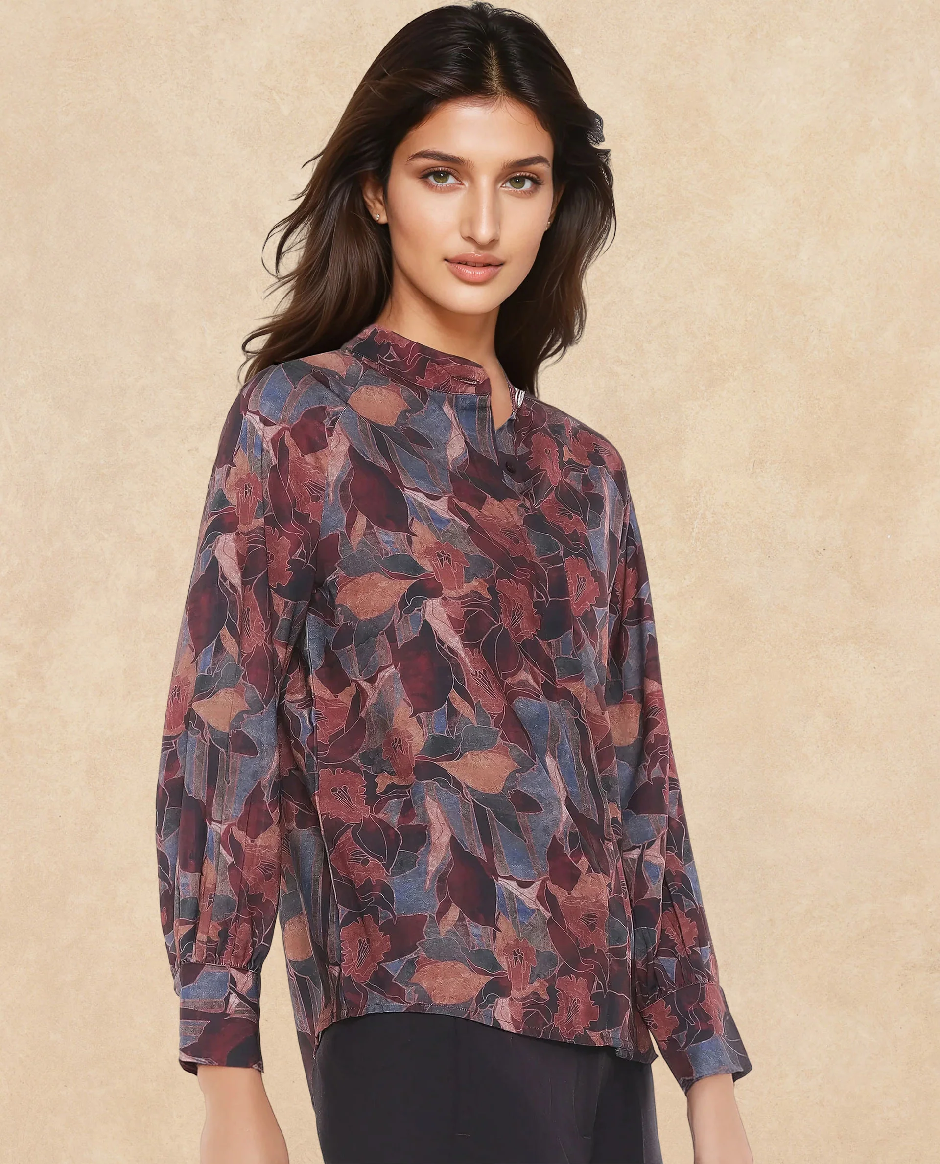 Rareism Women's Snery Dark Multi Polyester Spread Collar Floral Print Cuffed Sleeve Regular Fit Top - Image 4