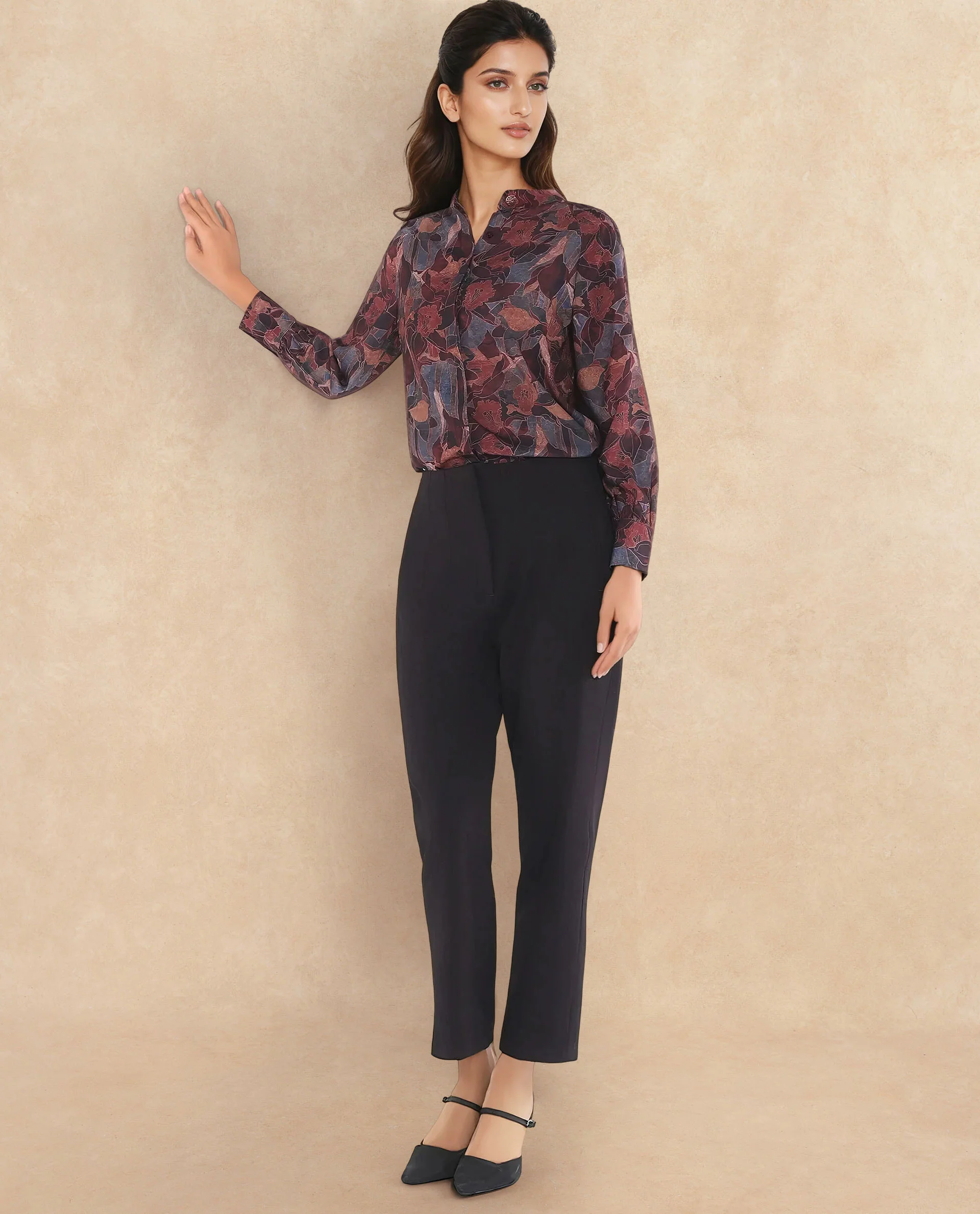Rareism Women's Snery Dark Multi Polyester Spread Collar Floral Print Cuffed Sleeve Regular Fit Top - Image 6