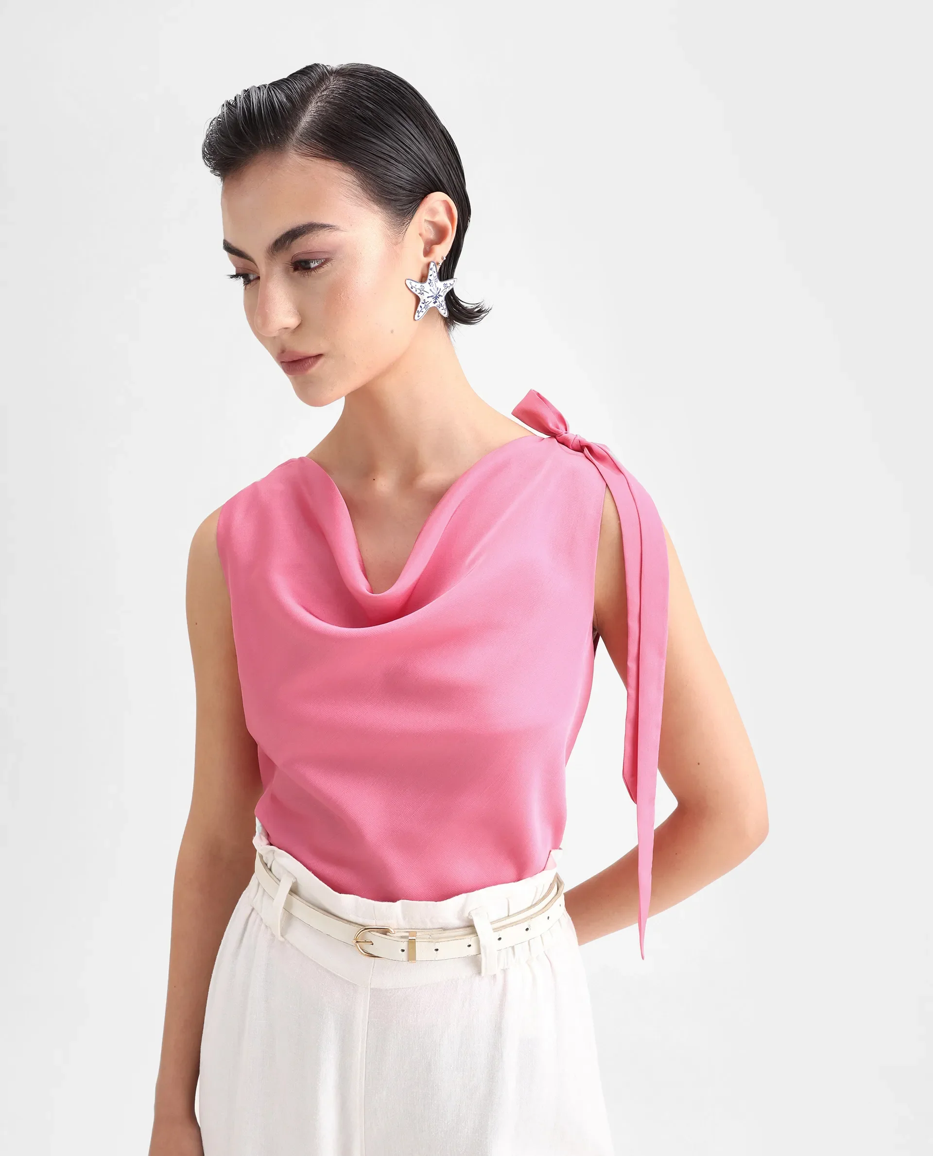 Rareism Women's Snicketti Pink Satin Cowl Neck Plain Sleeveless Regular Fit Top